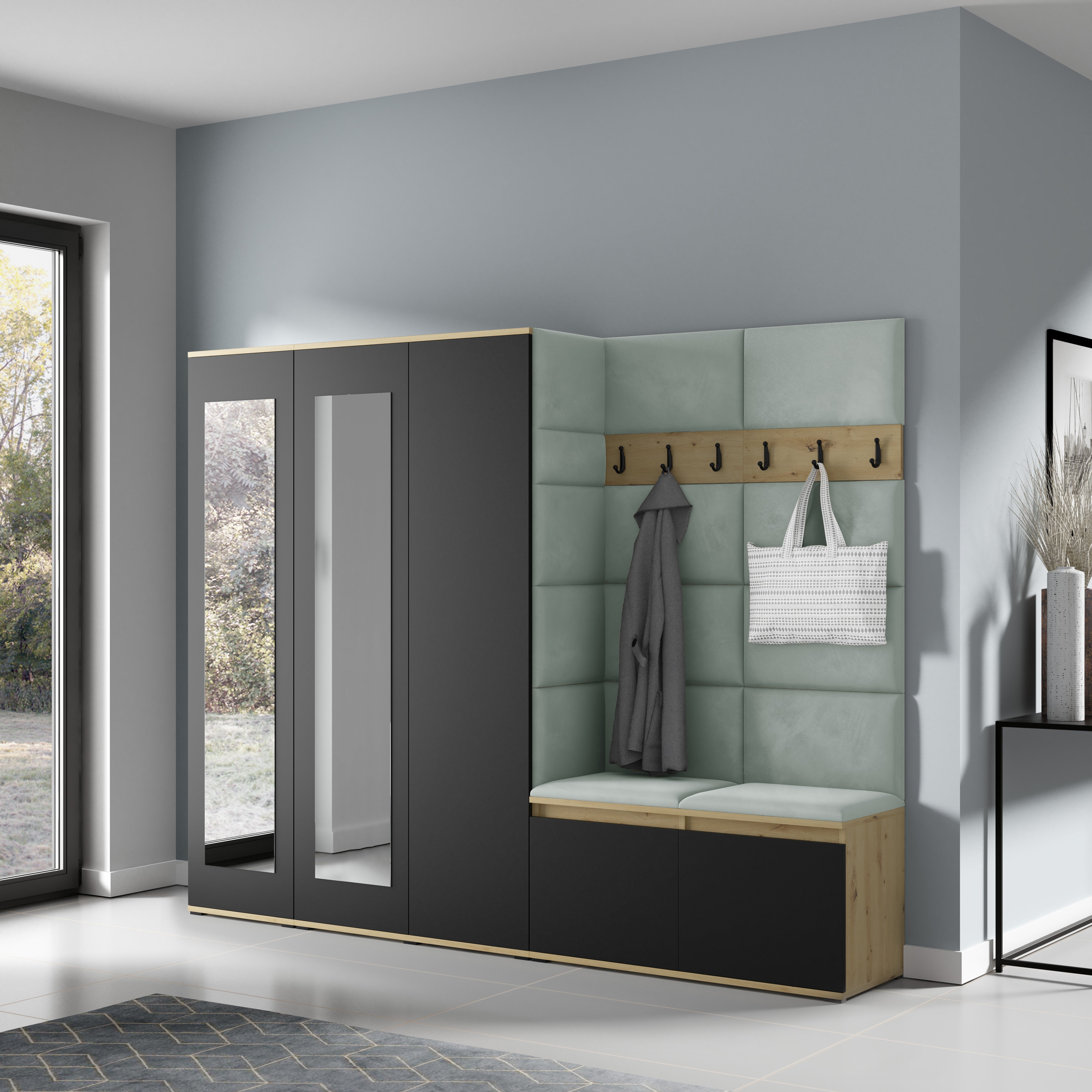 PK Emi 15 Flurgarderobe Artisan Eiche/Schwarz - Polsterpaneele in verschiedenen Farben