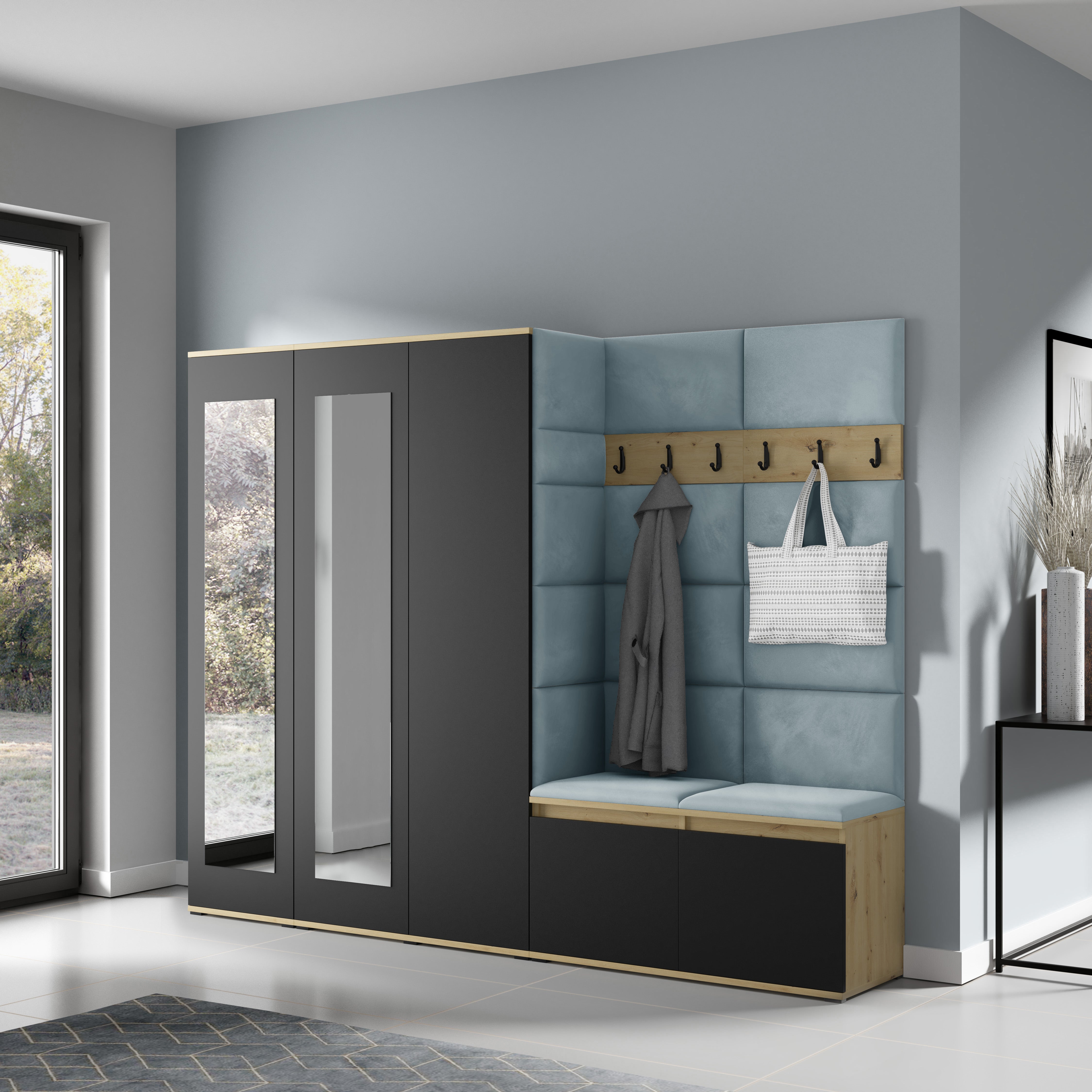PK Emi 15 Flurgarderobe Artisan Eiche/Schwarz - Polsterpaneele in verschiedenen Farben