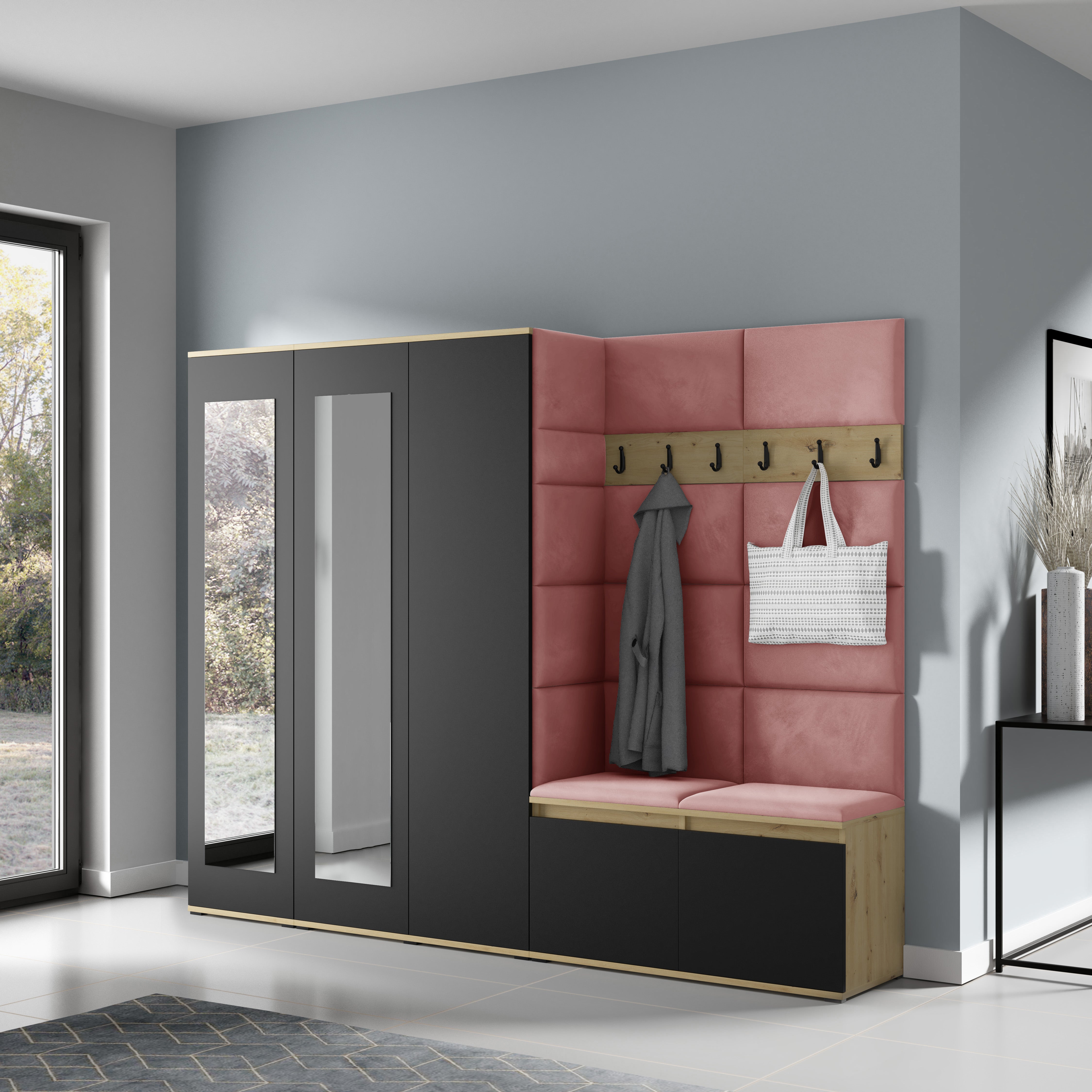 PK Emi 15 Flurgarderobe Artisan Eiche/Schwarz - Polsterpaneele in verschiedenen Farben