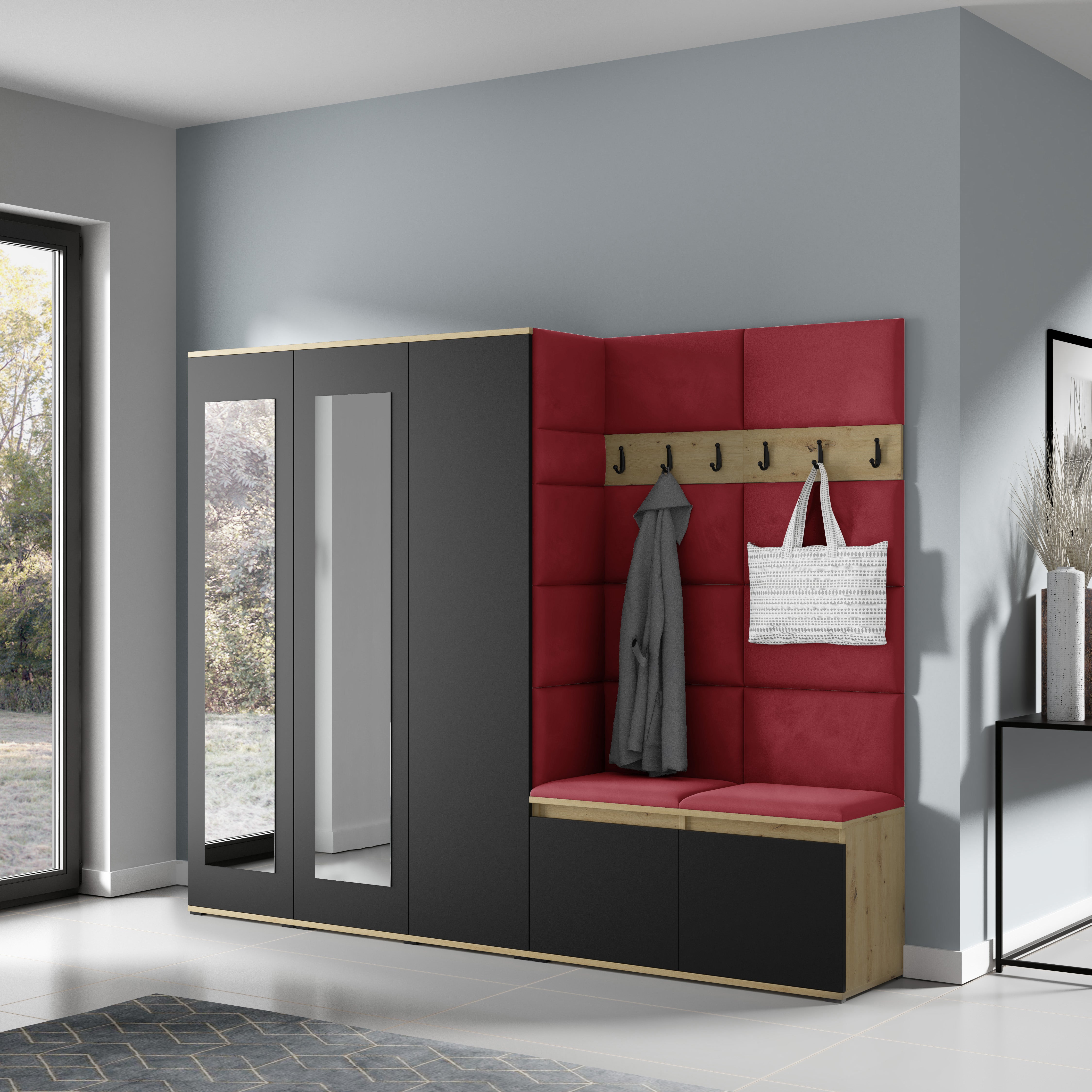 PK Emi 15 Flurgarderobe Artisan Eiche/Schwarz - Polsterpaneele in verschiedenen Farben