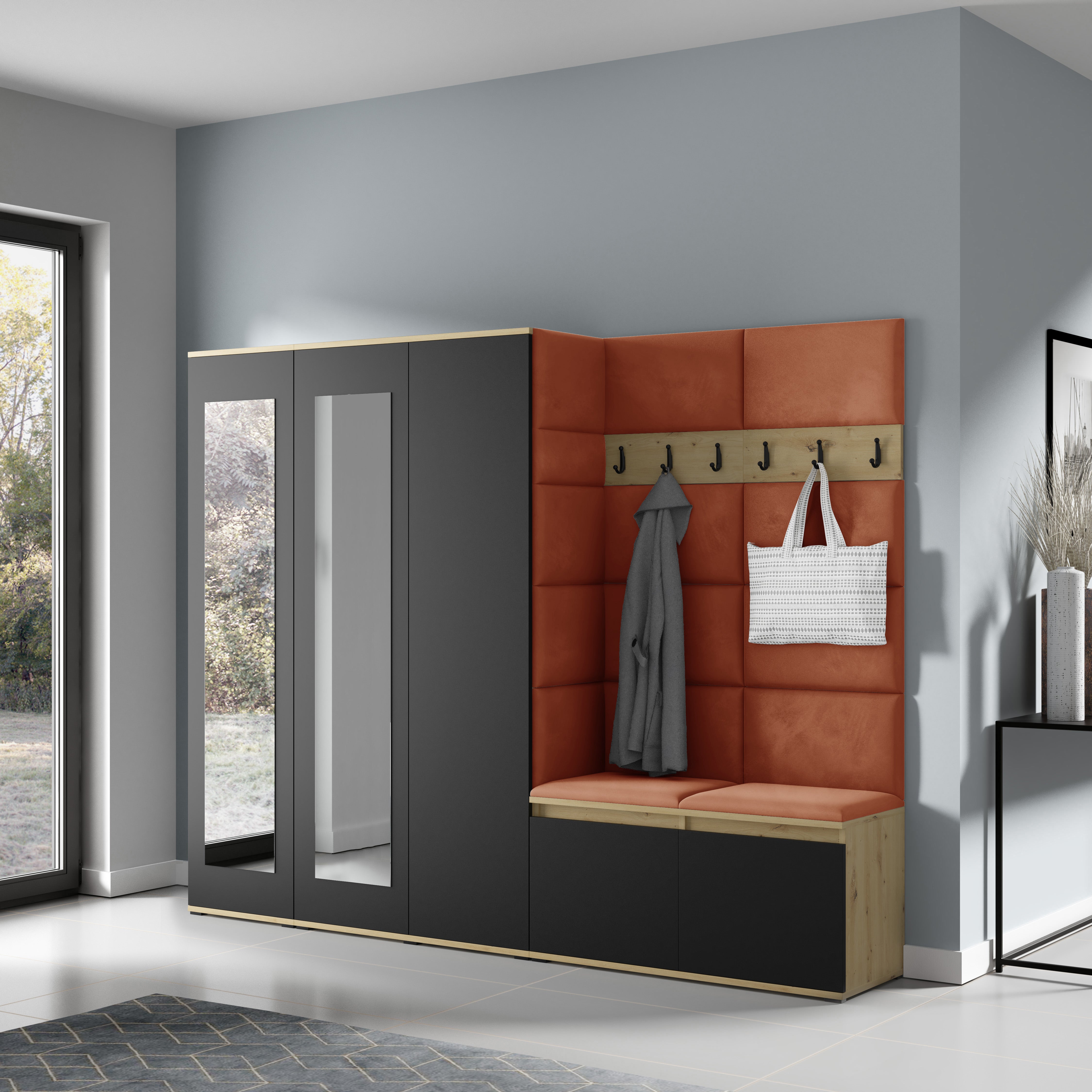 PK Emi 15 Flurgarderobe Artisan Eiche/Schwarz - Polsterpaneele in verschiedenen Farben