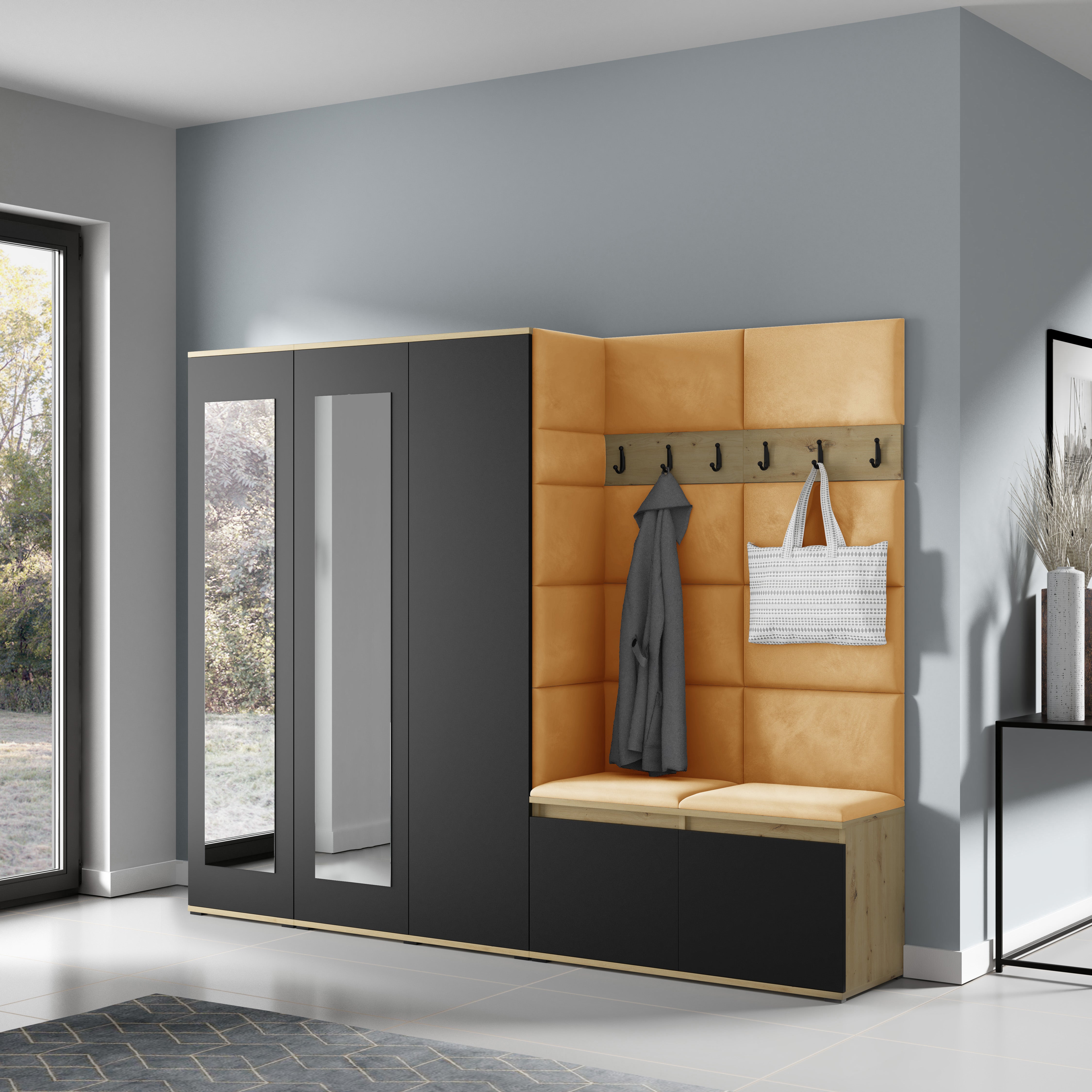 PK Emi 15 Flurgarderobe Artisan Eiche/Schwarz - Polsterpaneele in verschiedenen Farben