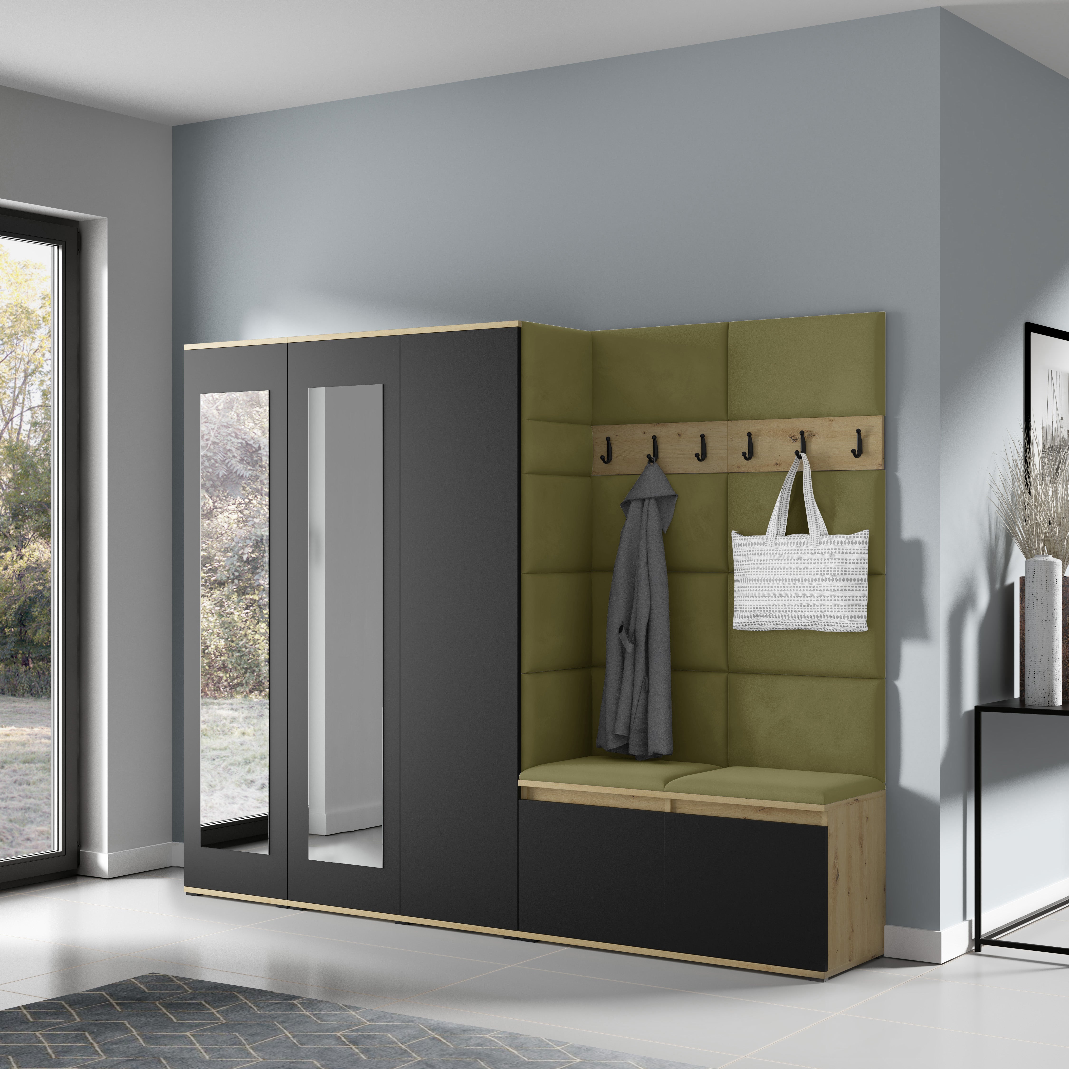 PK Emi 15 Flurgarderobe Artisan Eiche/Schwarz - Polsterpaneele in verschiedenen Farben