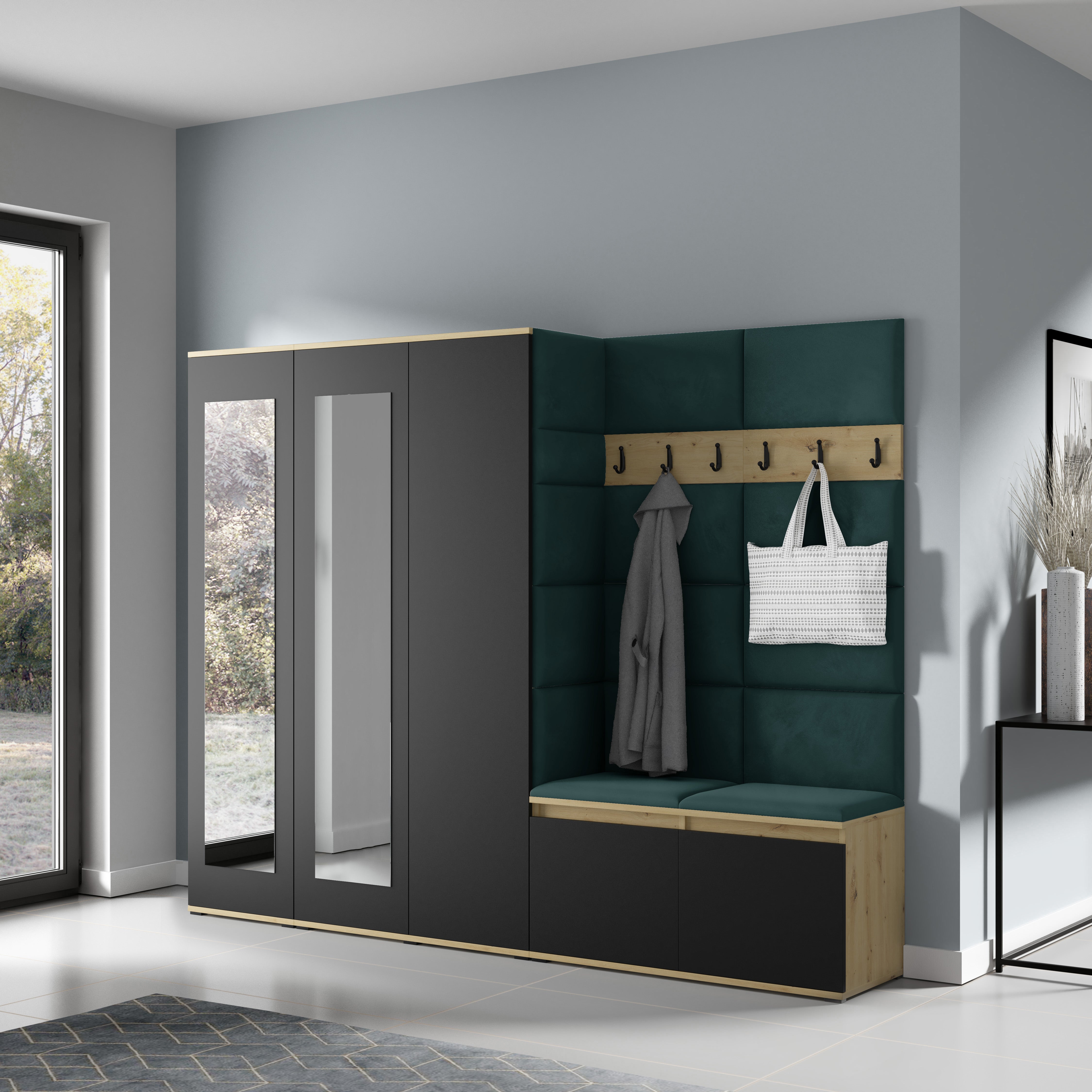 PK Emi 15 Flurgarderobe Artisan Eiche/Schwarz - Polsterpaneele in verschiedenen Farben
