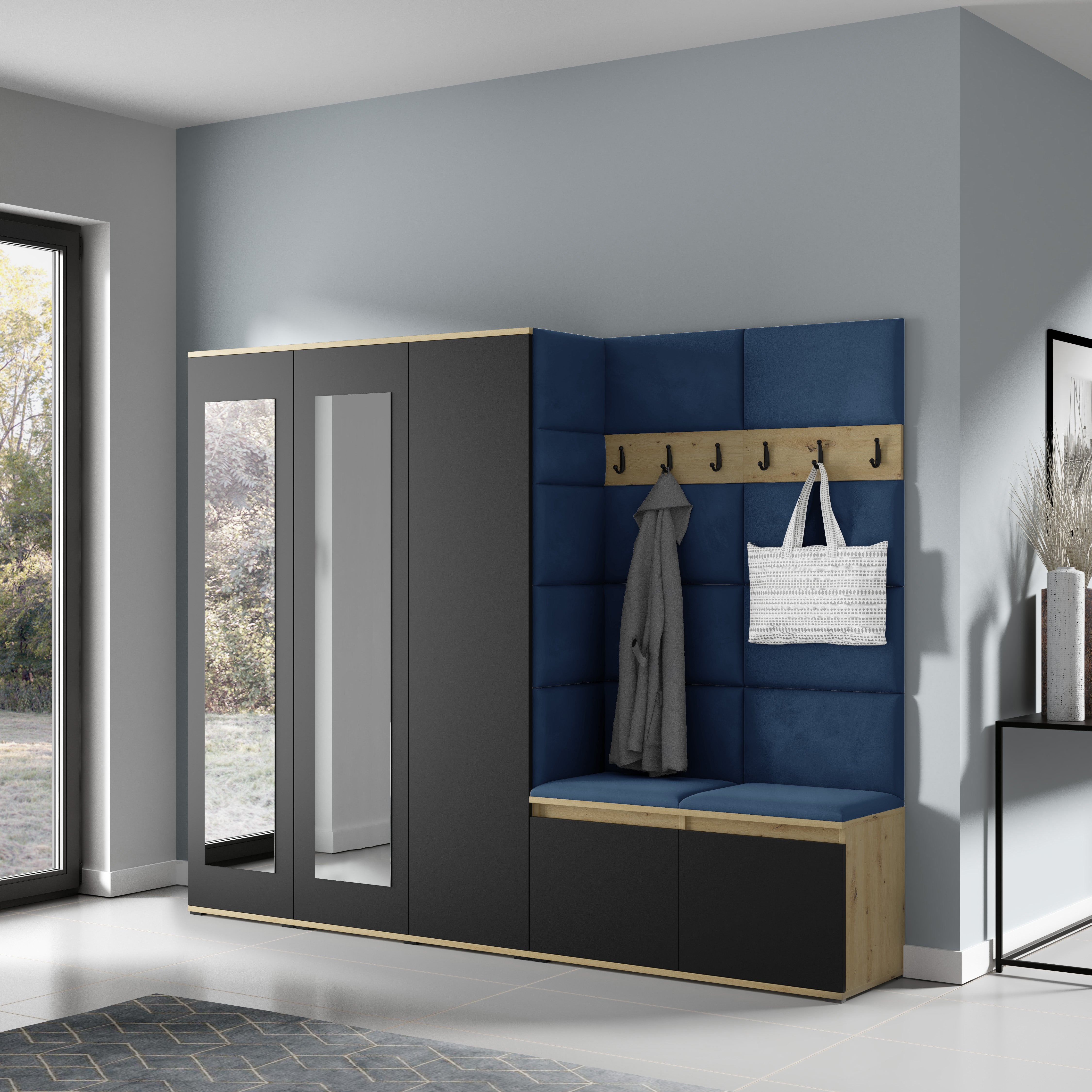 PK Emi 15 Flurgarderobe Artisan Eiche/Schwarz - Polsterpaneele in verschiedenen Farben