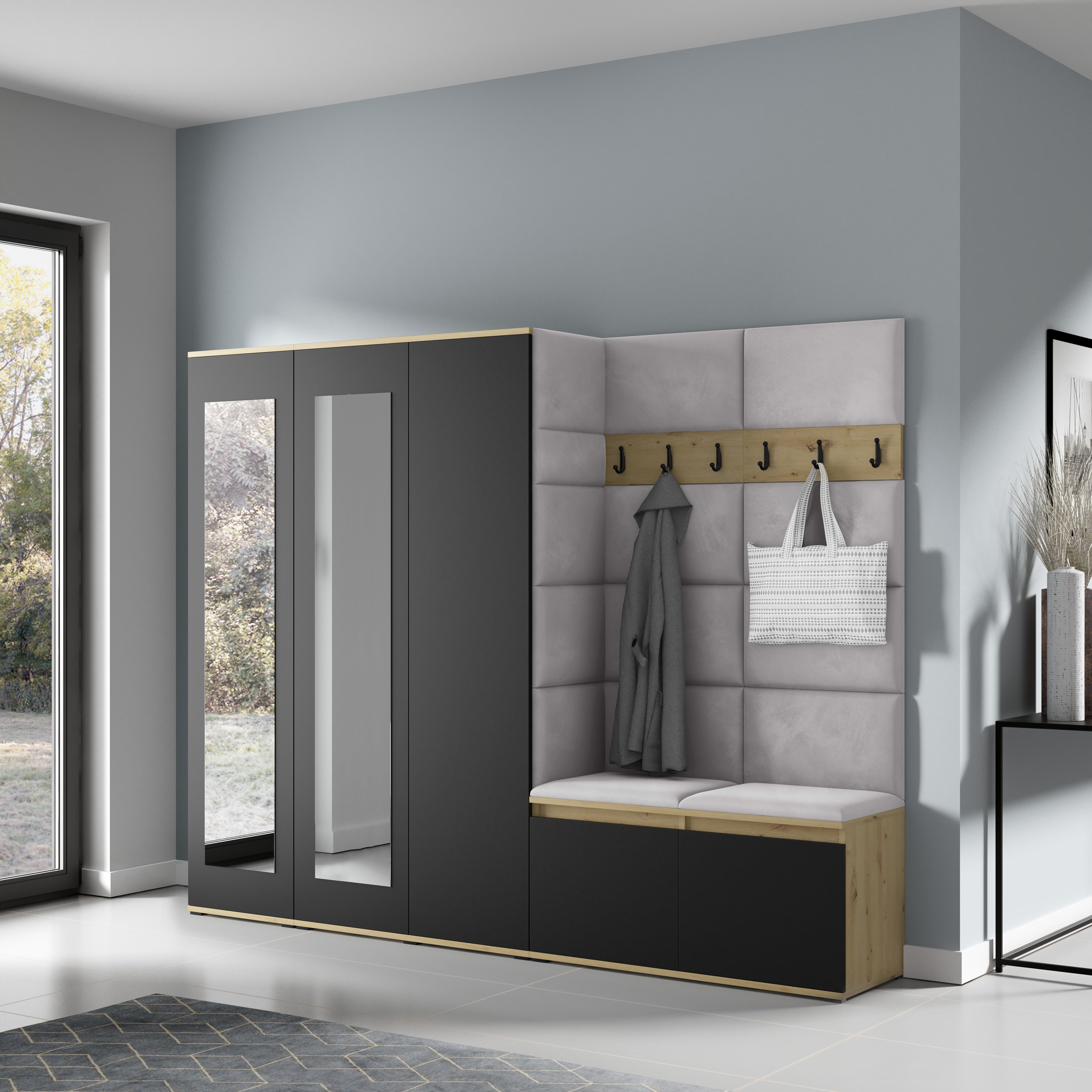 PK Emi 15 Flurgarderobe Artisan Eiche/Schwarz - Polsterpaneele in verschiedenen Farben
