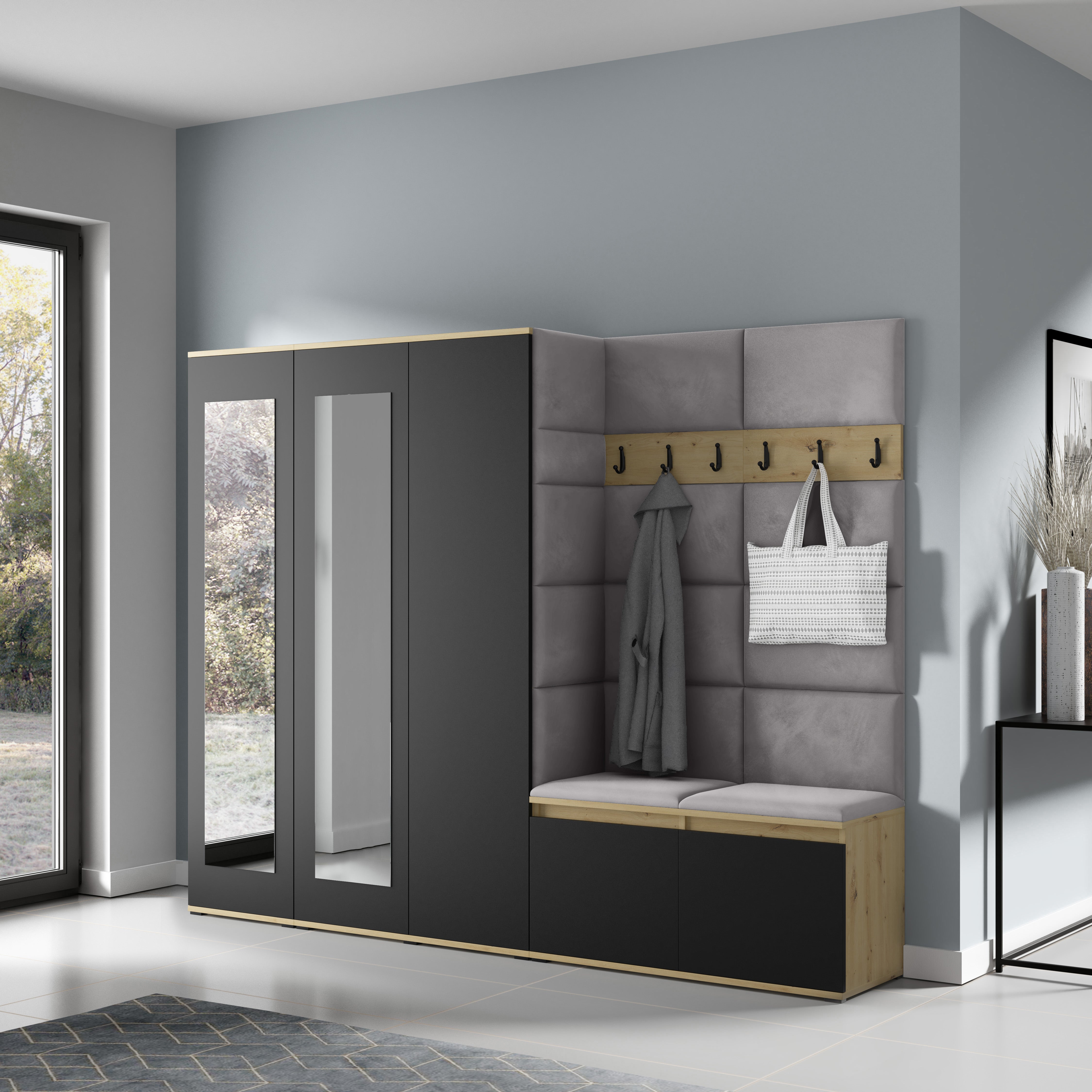 PK Emi 15 Flurgarderobe Artisan Eiche/Schwarz - Polsterpaneele in verschiedenen Farben