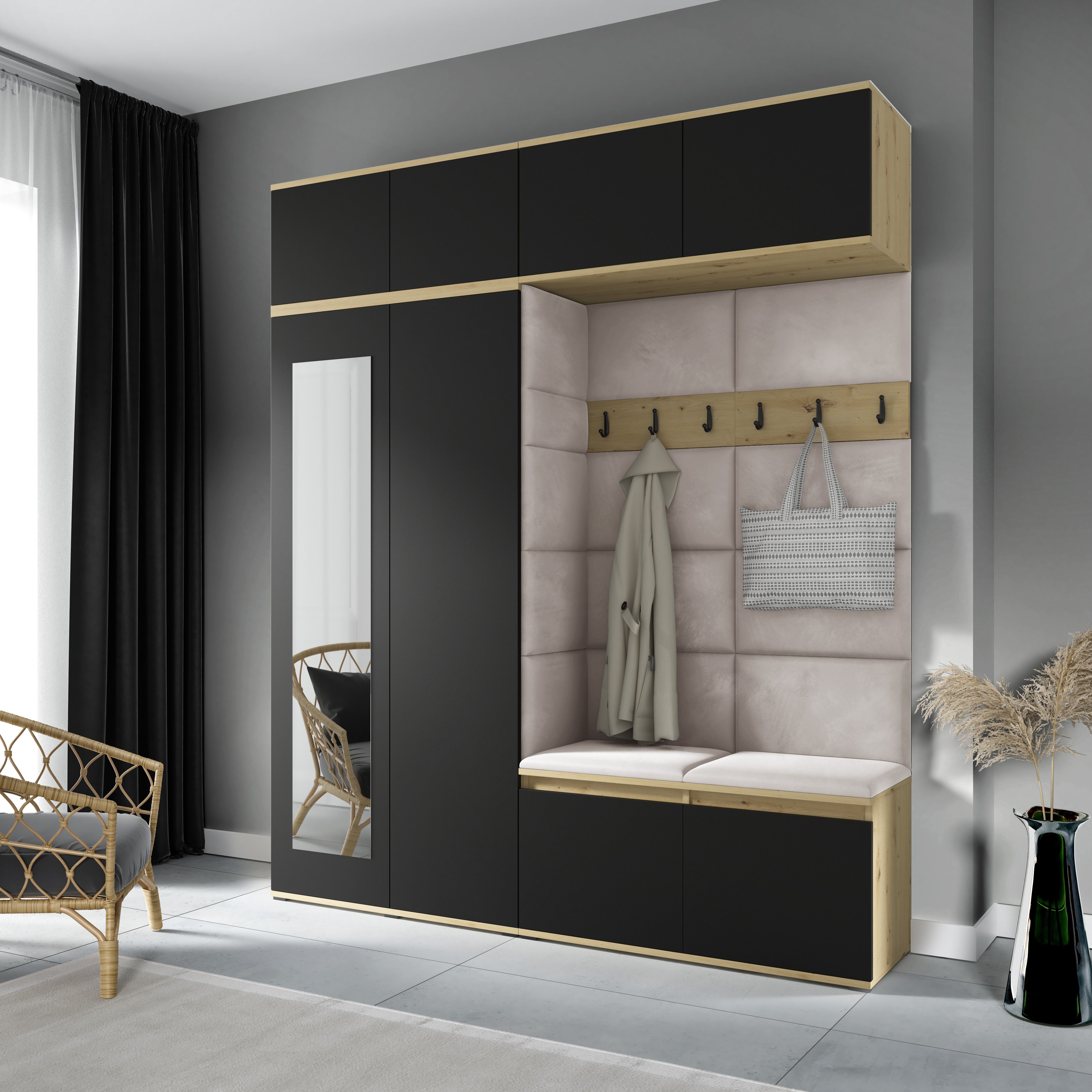 PK Flurgarderobe Emi 16 Artisan Eiche/Schwarz - Polsterpaneele in verschiedenen Farben