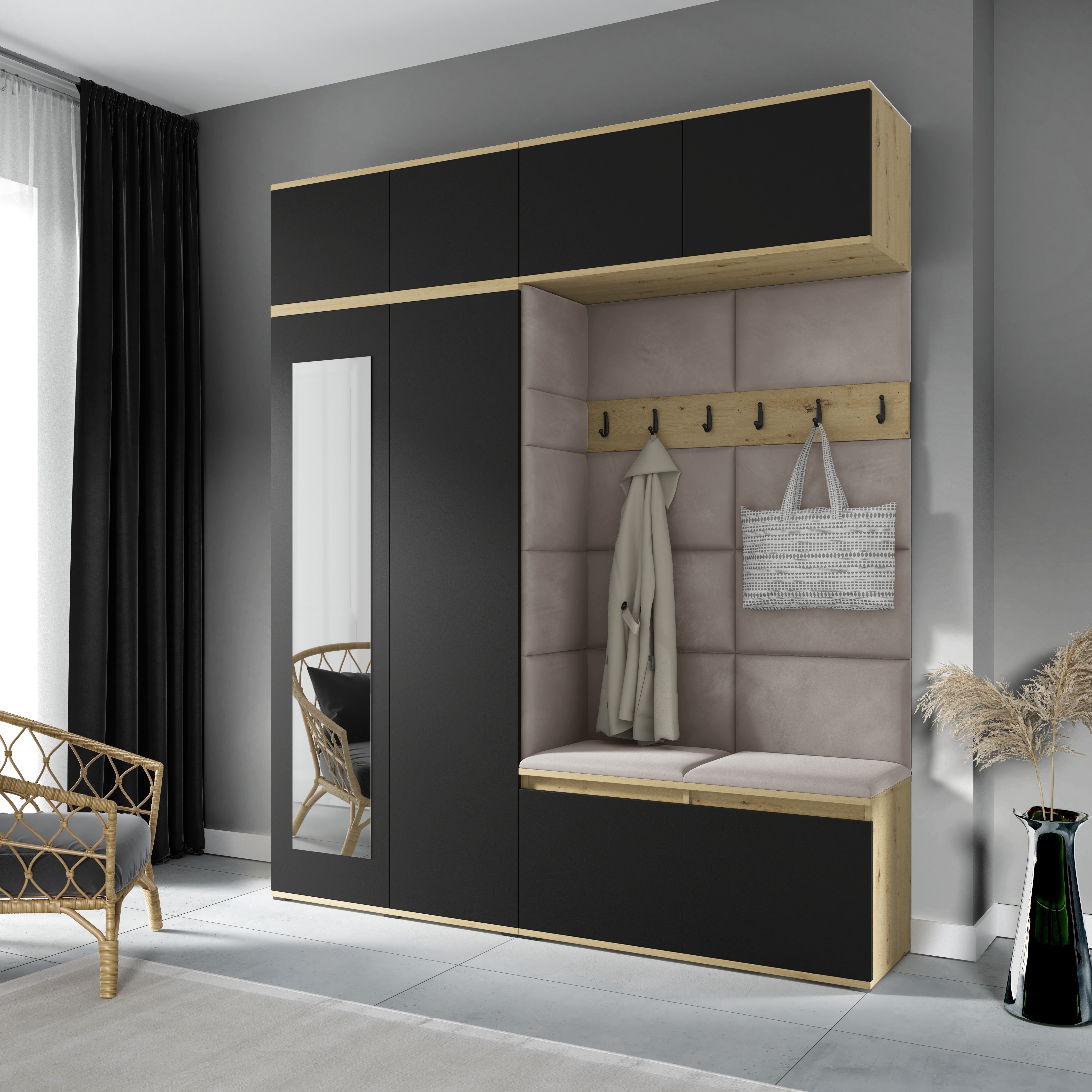 PK Flurgarderobe Emi 16 Artisan Eiche/Schwarz - Polsterpaneele in verschiedenen Farben