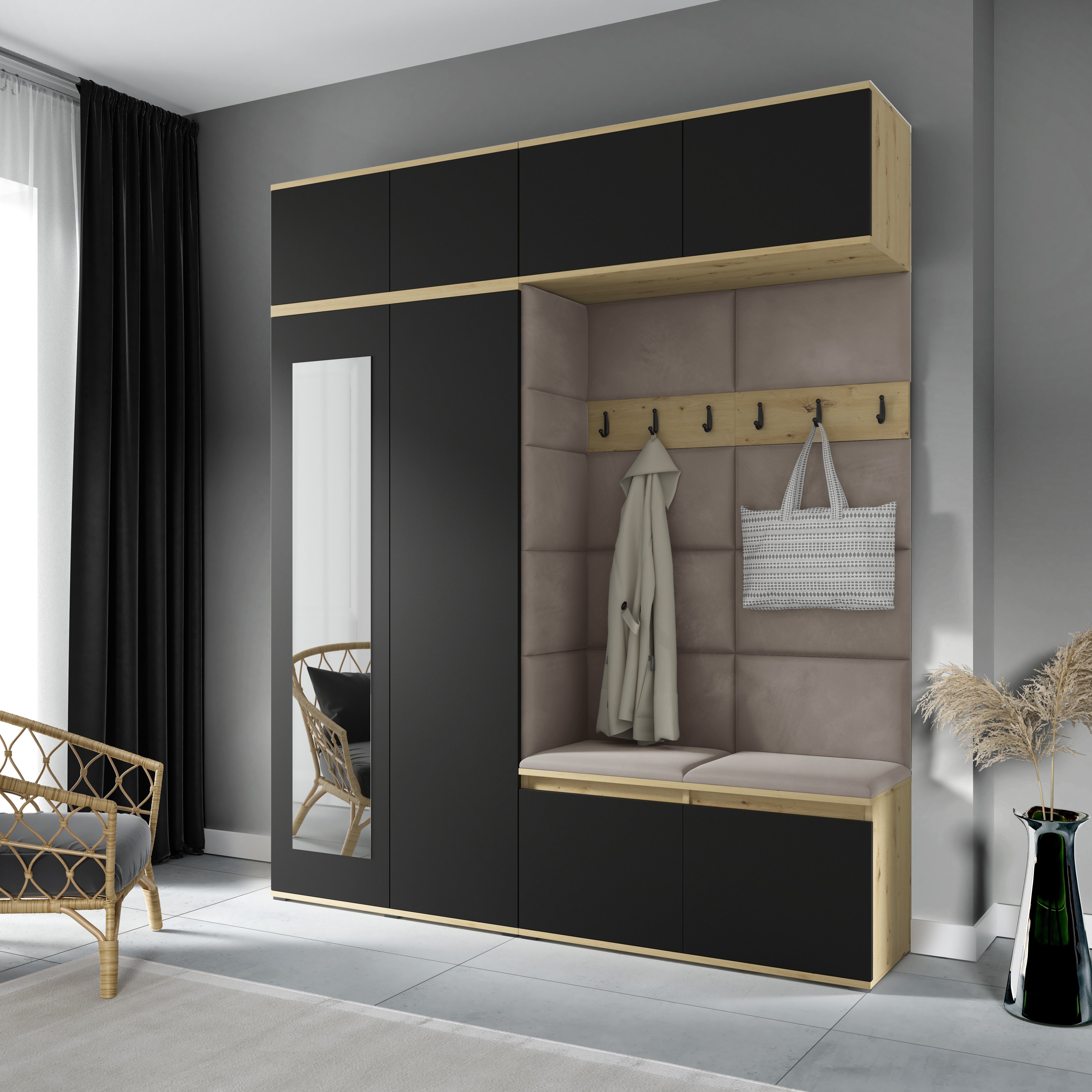 PK Flurgarderobe Emi 16 Artisan Eiche/Schwarz - Polsterpaneele in verschiedenen Farben