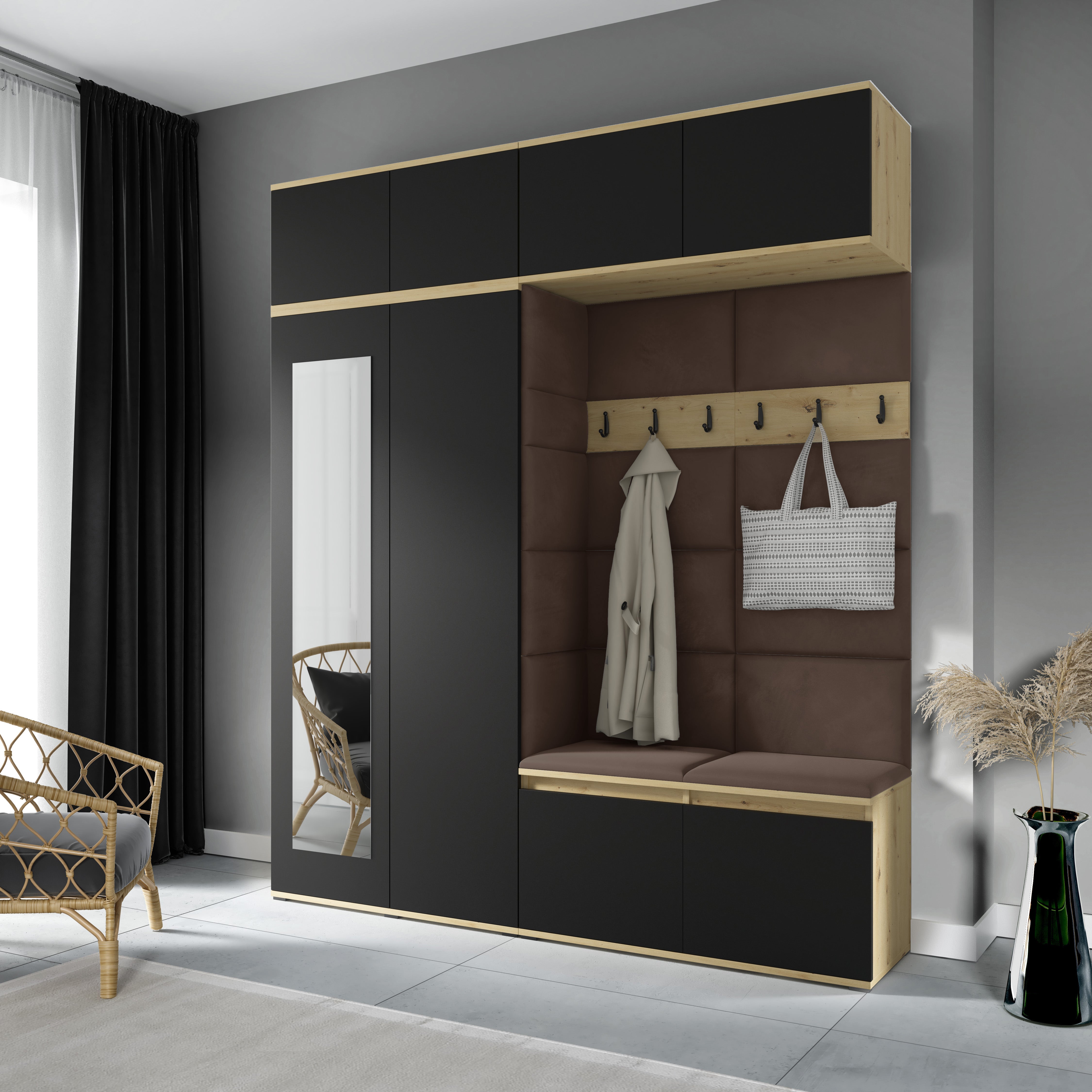 PK Flurgarderobe Emi 16 Artisan Eiche/Schwarz - Polsterpaneele in verschiedenen Farben