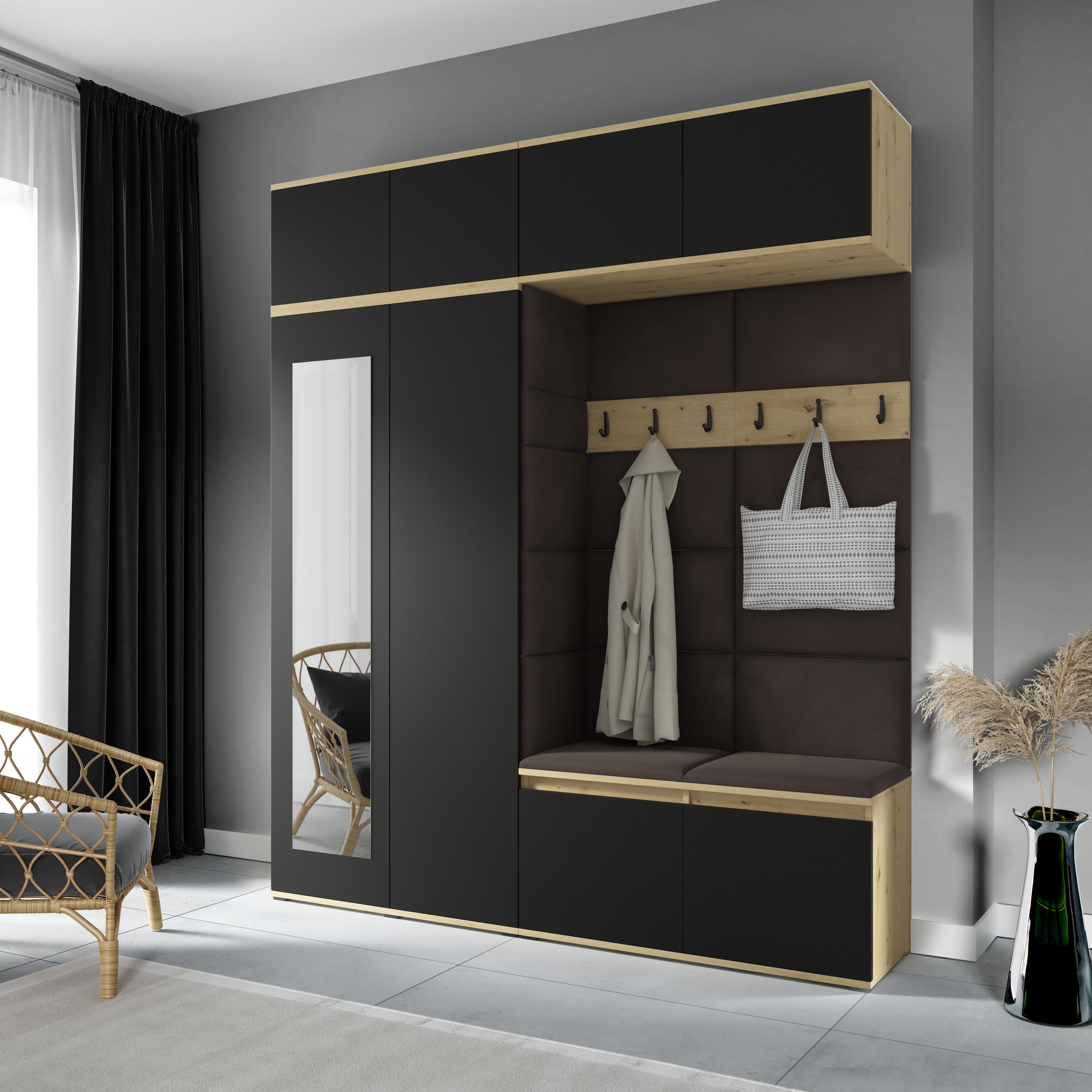 PK Flurgarderobe Emi 16 Artisan Eiche/Schwarz - Polsterpaneele in verschiedenen Farben