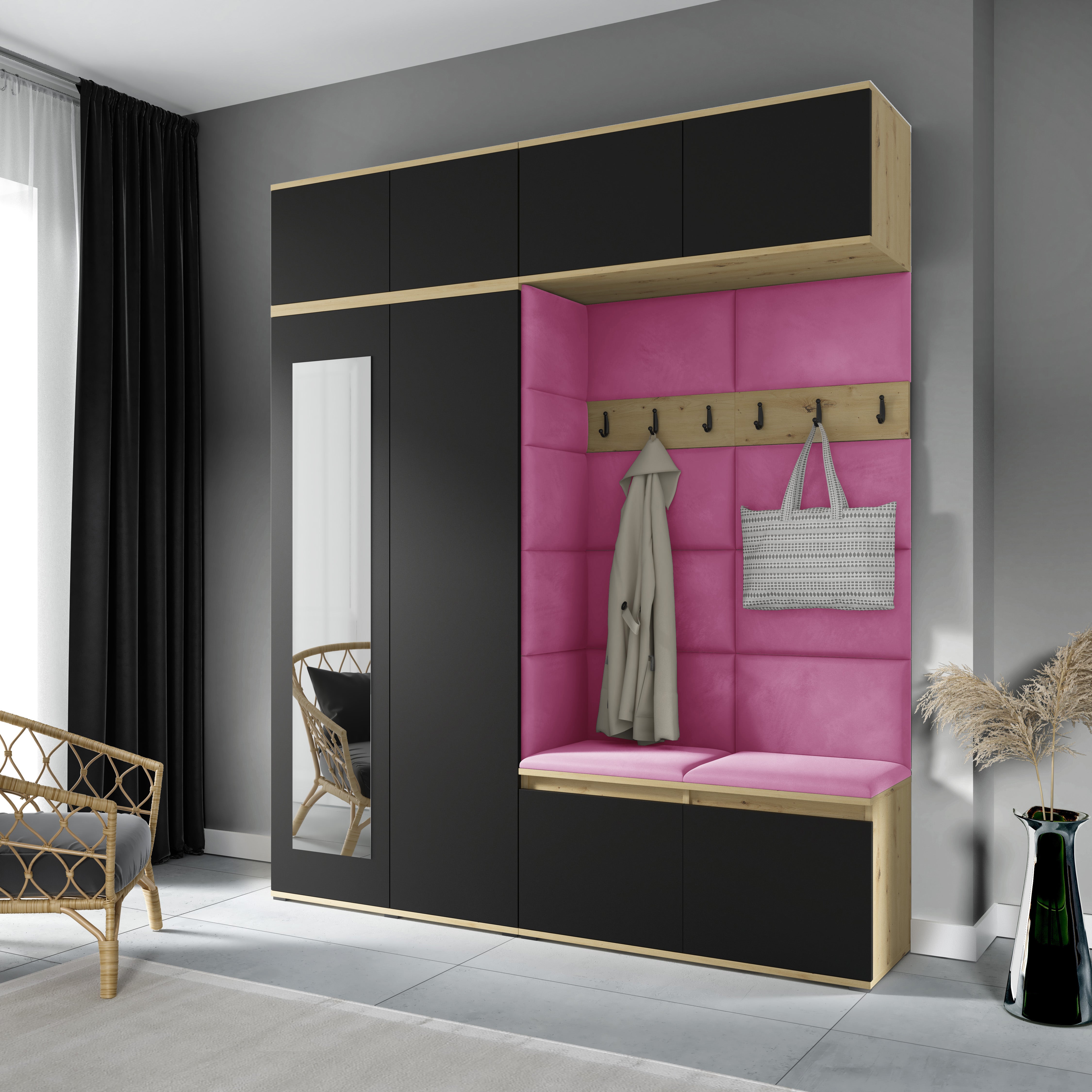 PK Flurgarderobe Emi 16 Artisan Eiche/Schwarz - Polsterpaneele in verschiedenen Farben