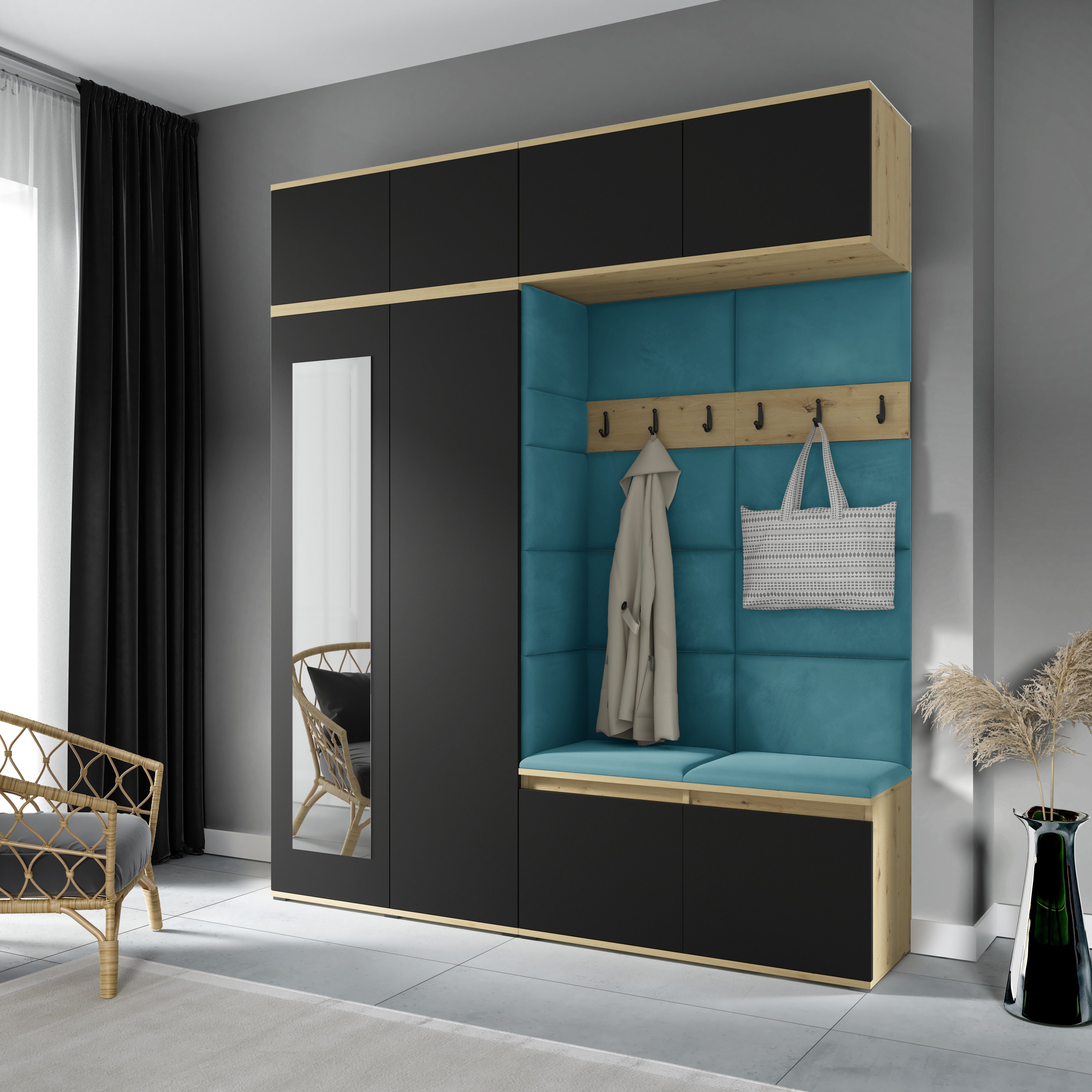 PK Flurgarderobe Emi 16 Artisan Eiche/Schwarz - Polsterpaneele in verschiedenen Farben