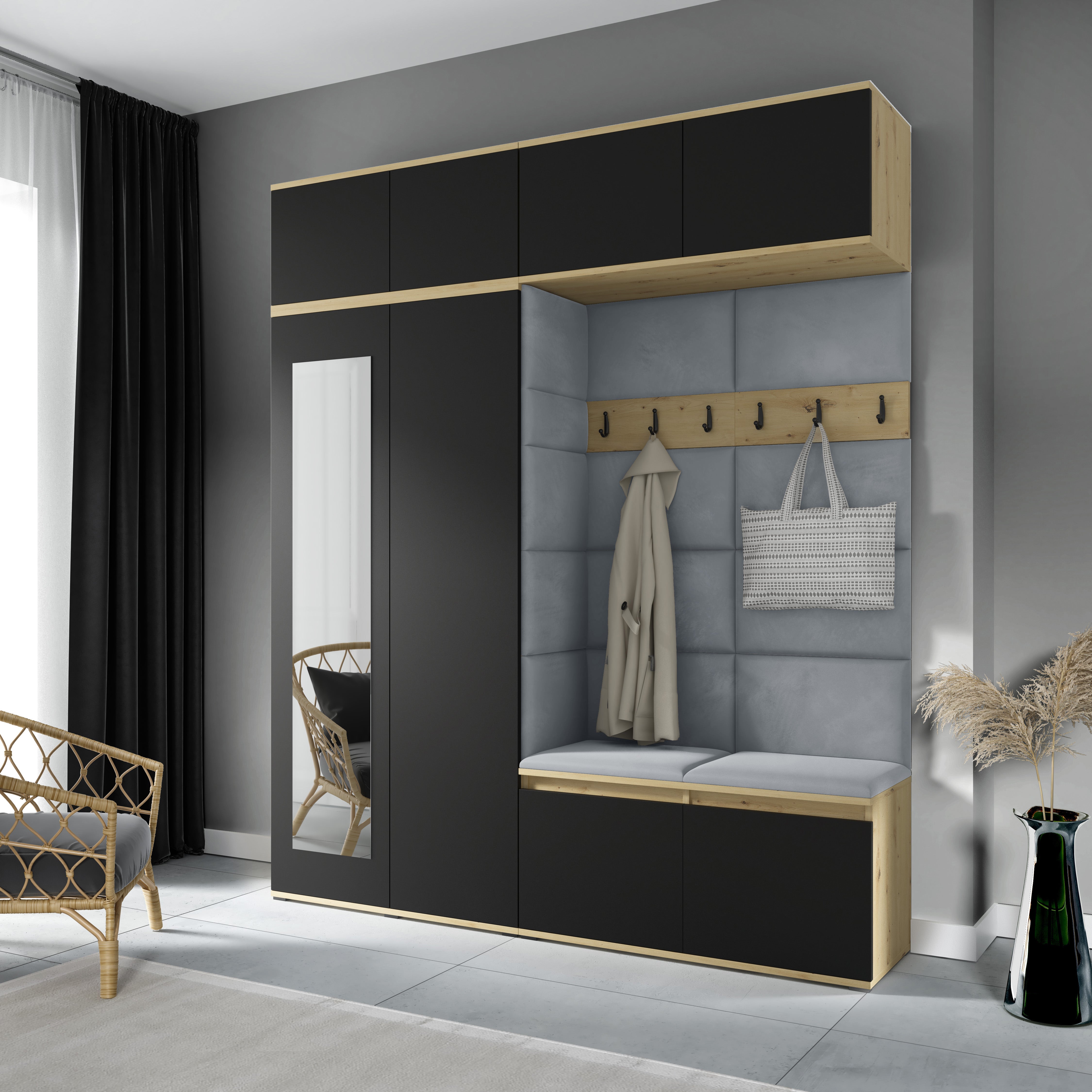 PK Flurgarderobe Emi 16 Artisan Eiche/Schwarz - Polsterpaneele in verschiedenen Farben