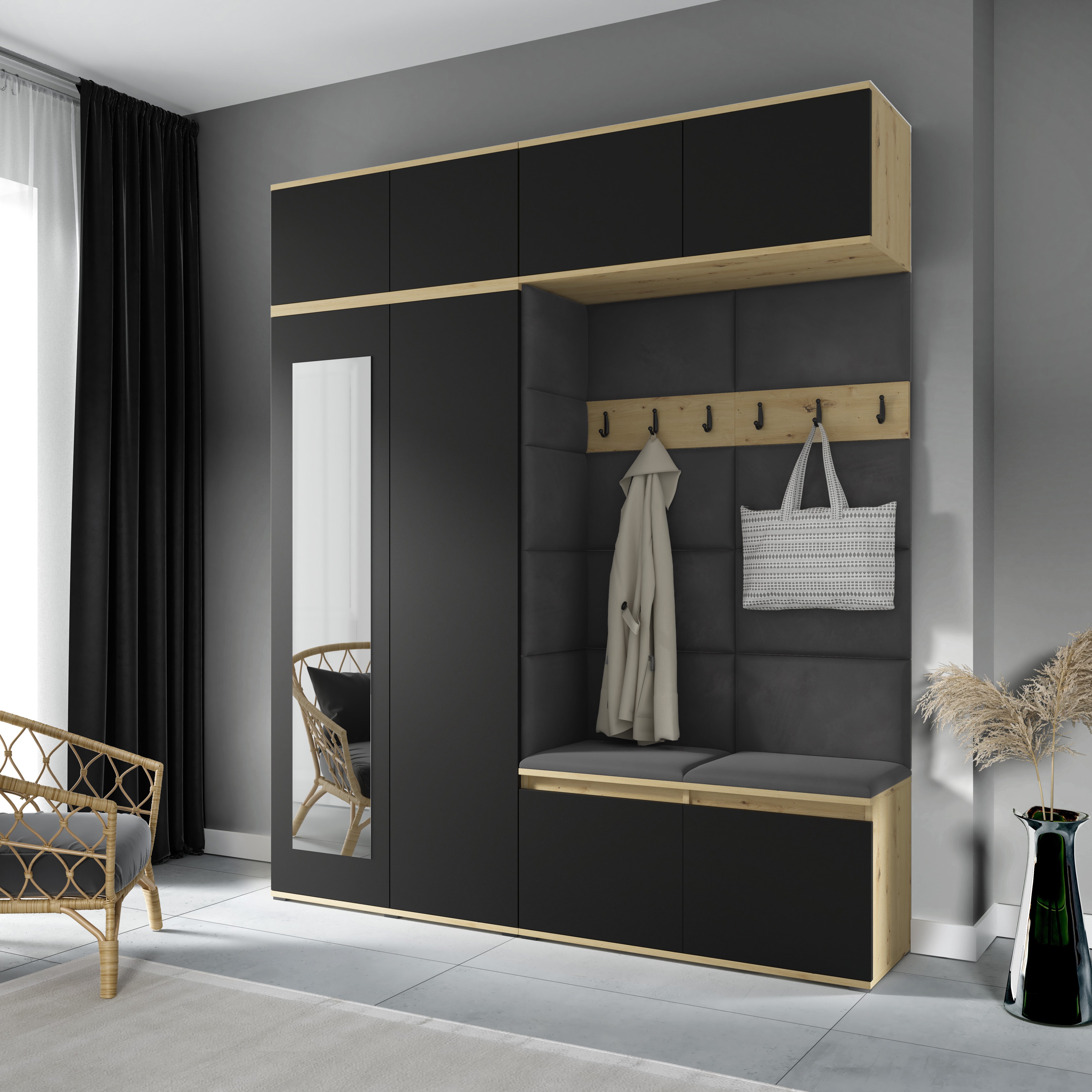 PK Flurgarderobe Emi 16 Artisan Eiche/Schwarz - Polsterpaneele in verschiedenen Farben