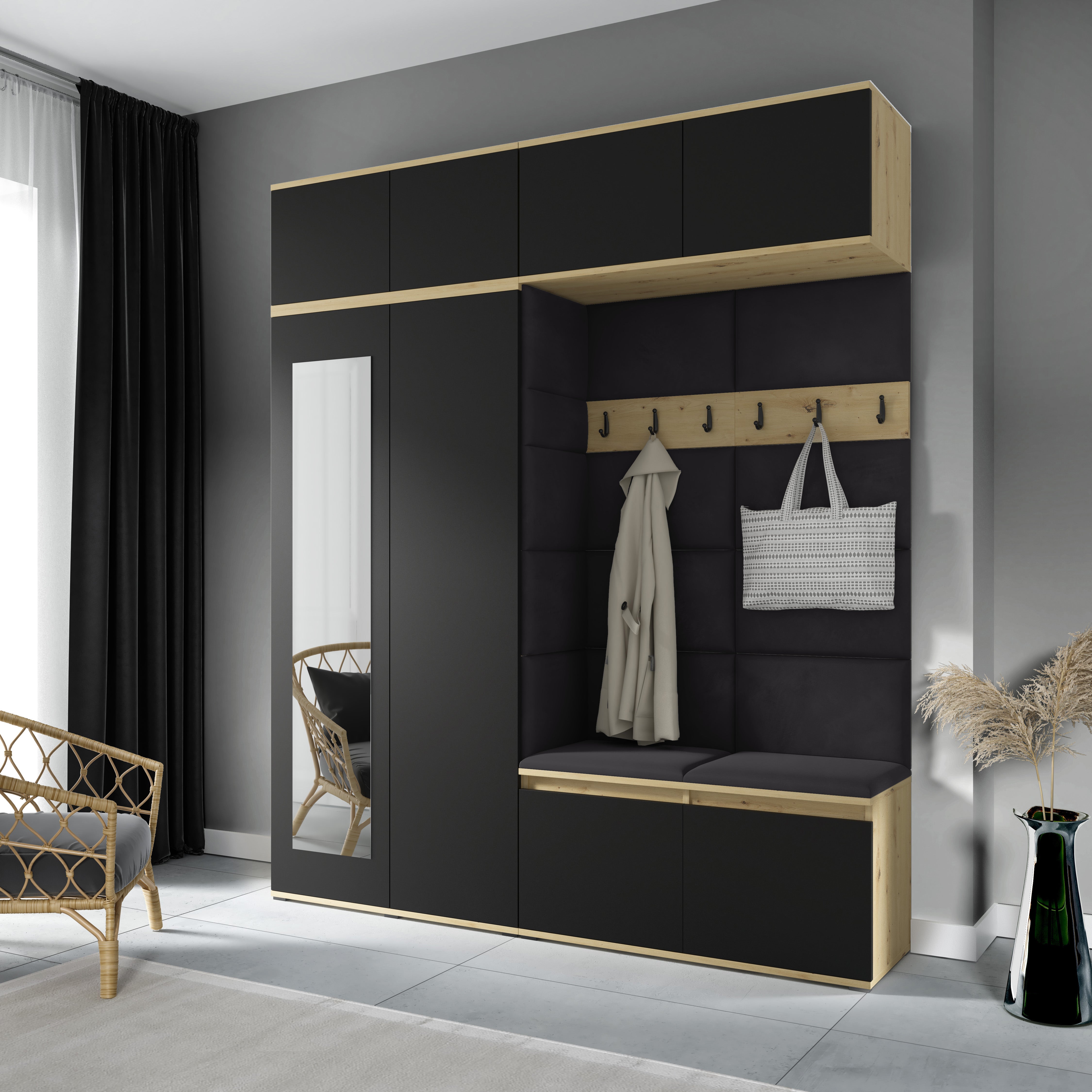 PK Flurgarderobe Emi 16 Artisan Eiche/Schwarz - Polsterpaneele in verschiedenen Farben