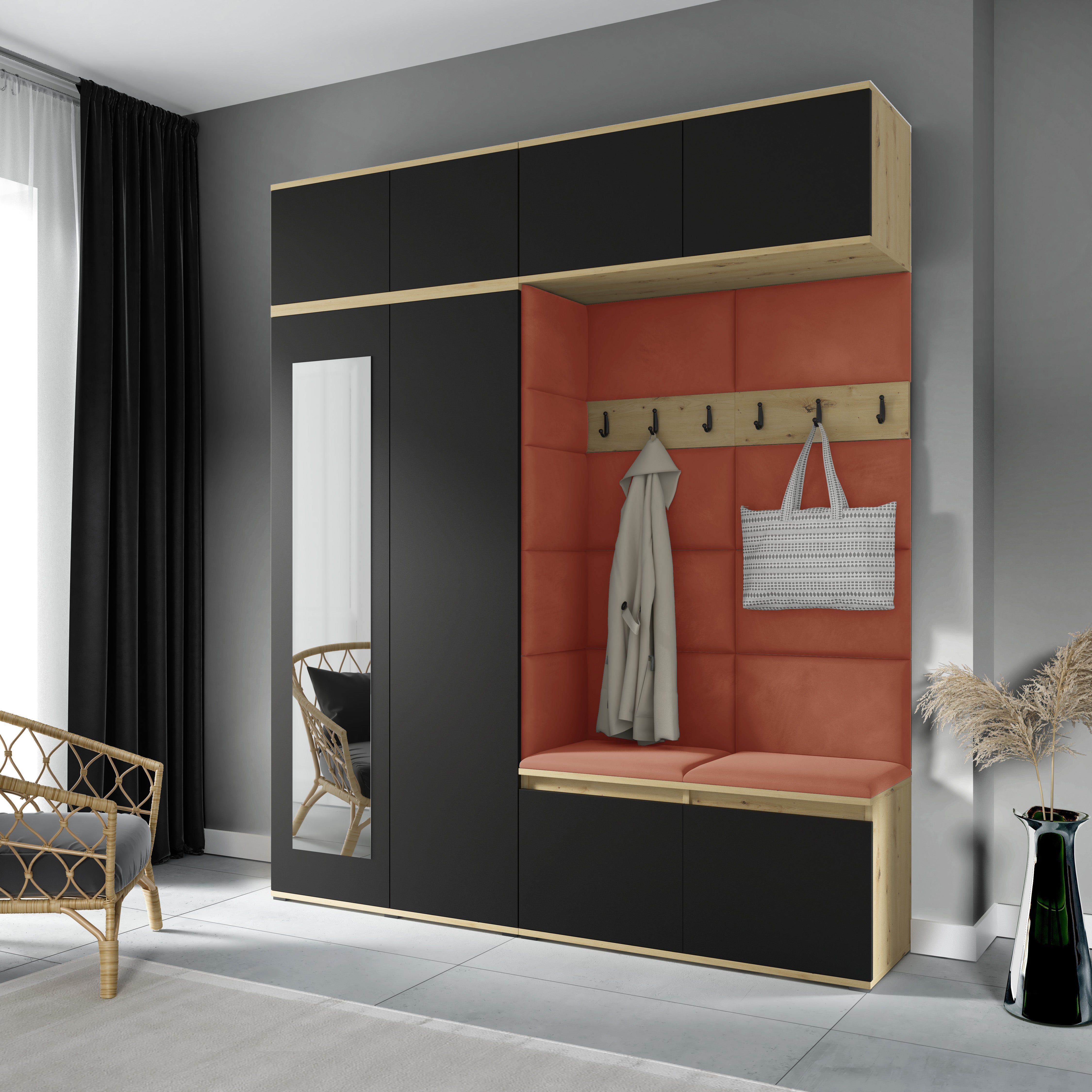 PK Flurgarderobe Emi 16 Artisan Eiche/Schwarz - Polsterpaneele in verschiedenen Farben