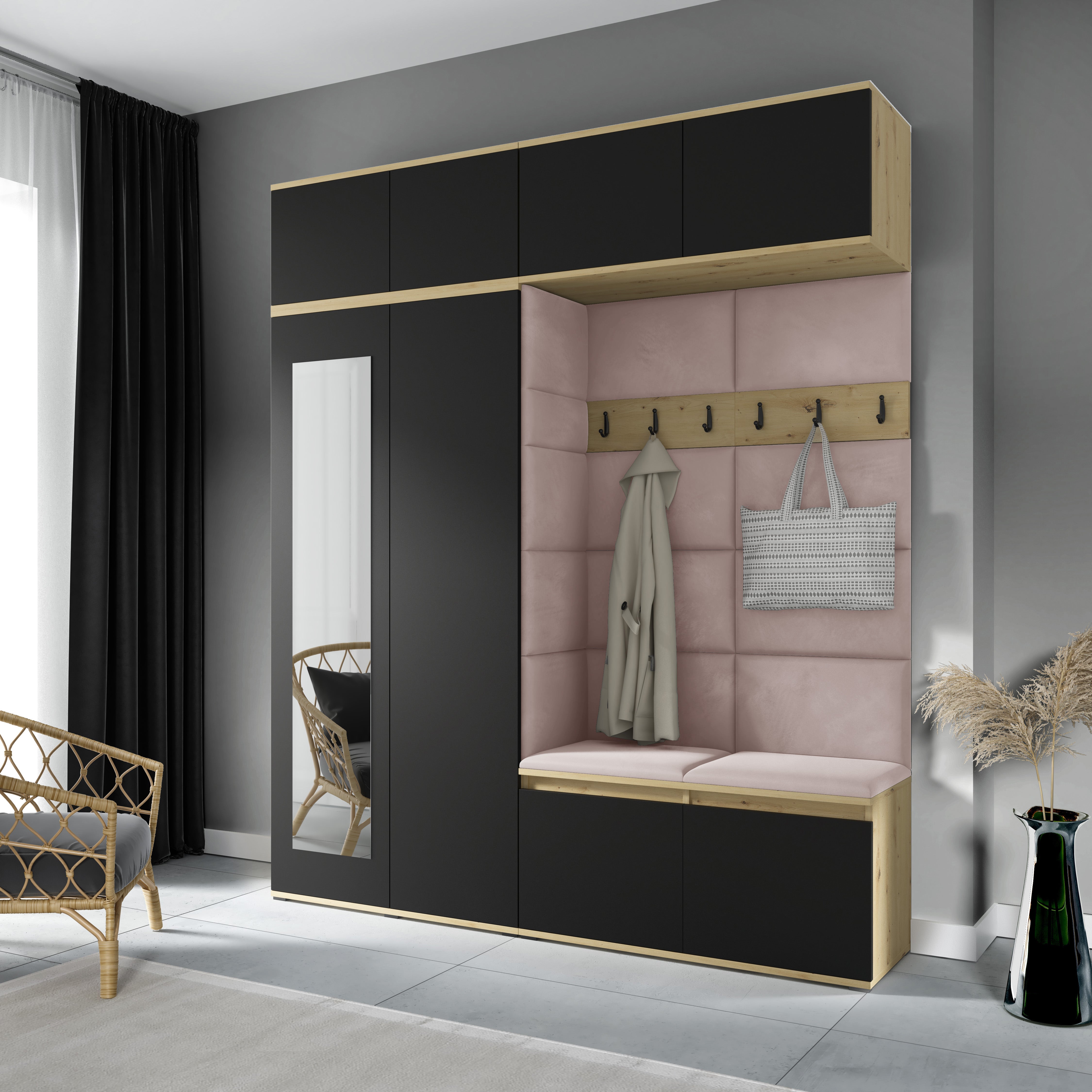 PK Flurgarderobe Emi 16 Artisan Eiche/Schwarz - Polsterpaneele in verschiedenen Farben