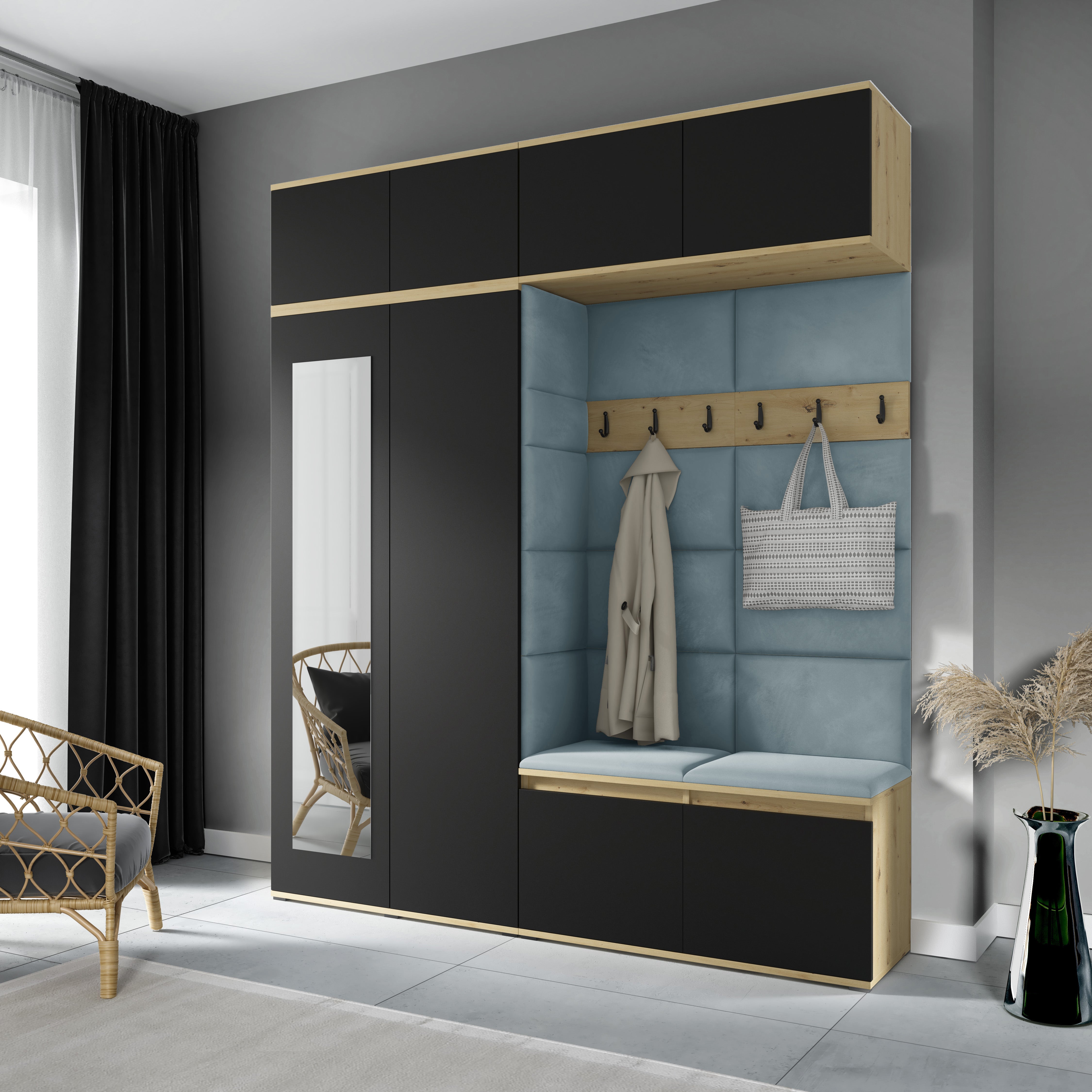PK Flurgarderobe Emi 16 Artisan Eiche/Schwarz - Polsterpaneele in verschiedenen Farben
