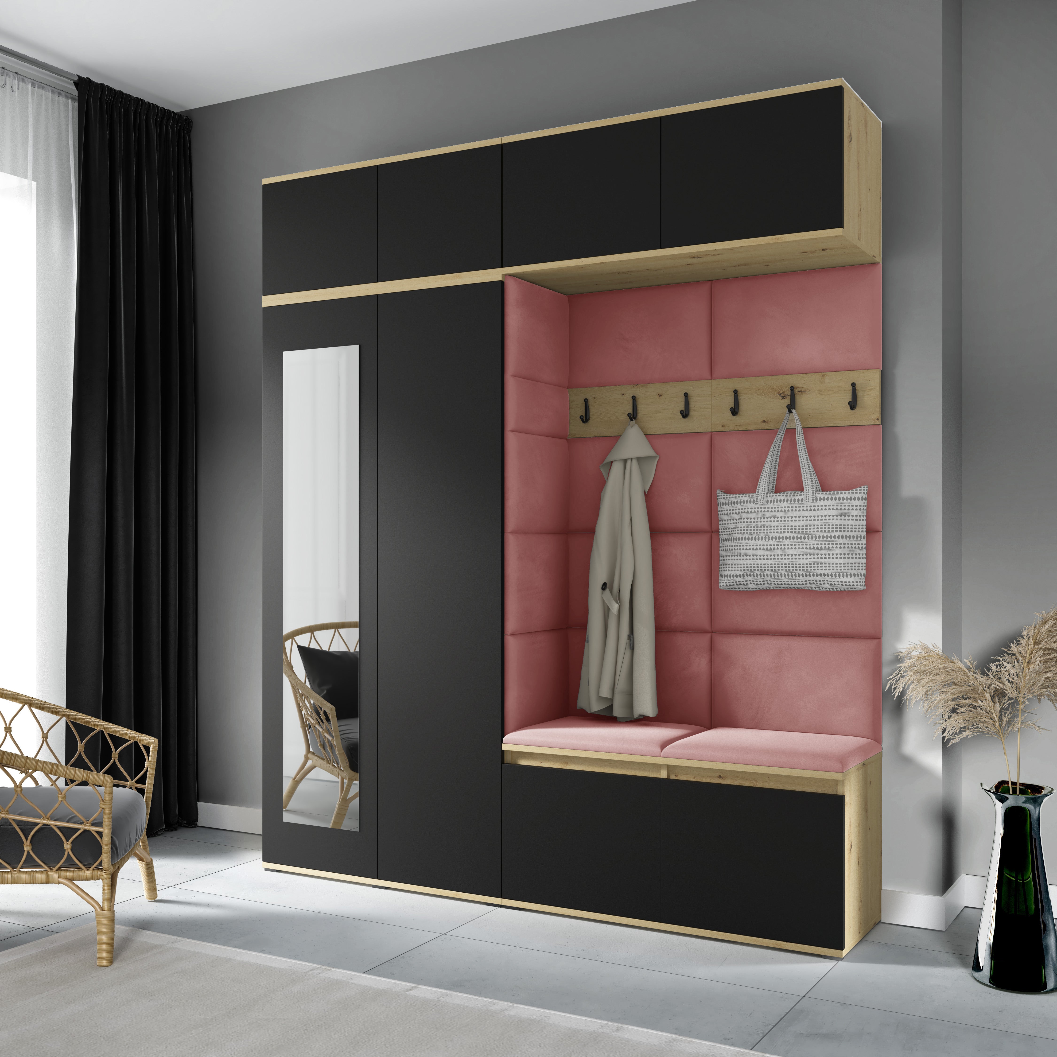 PK Flurgarderobe Emi 16 Artisan Eiche/Schwarz - Polsterpaneele in verschiedenen Farben