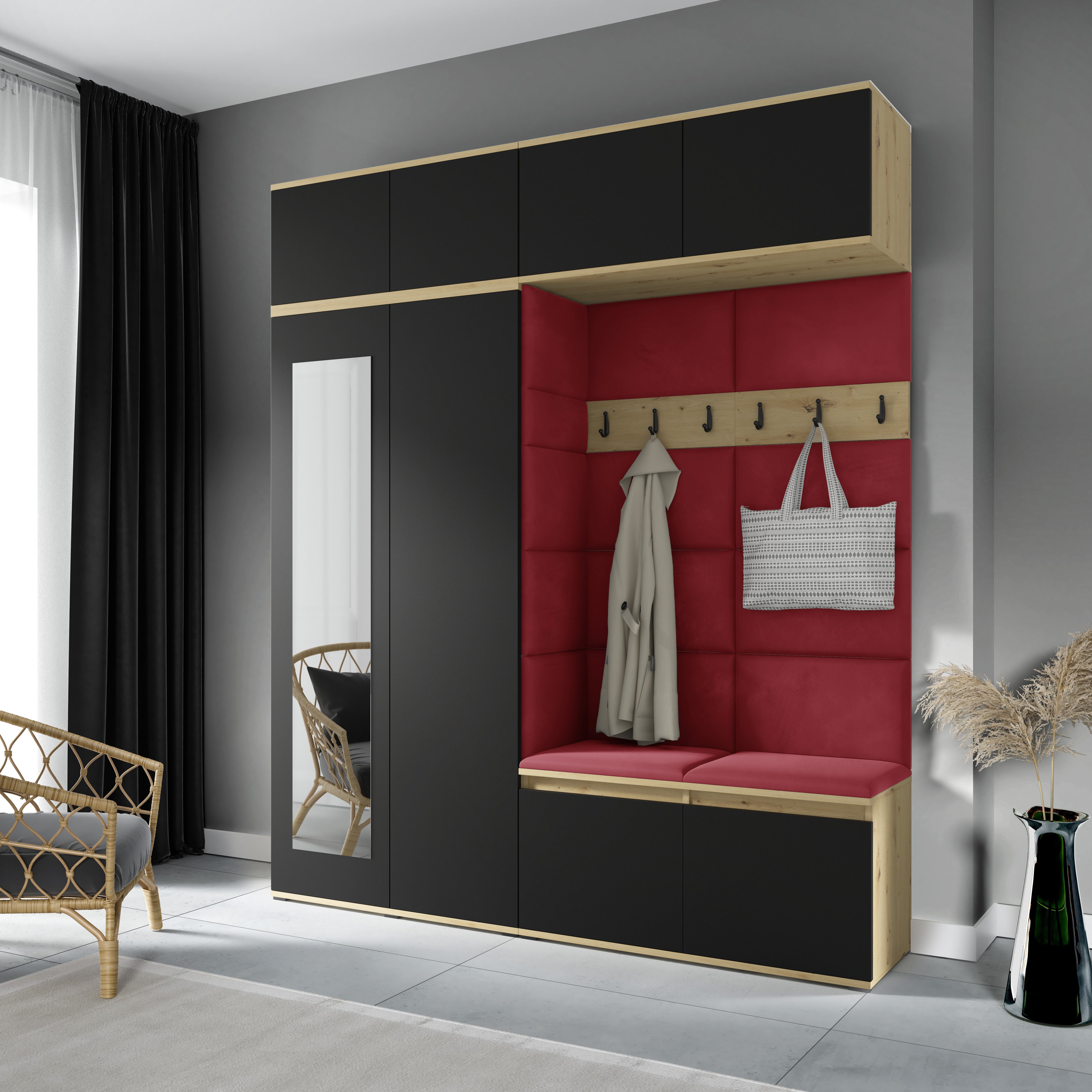 PK Flurgarderobe Emi 16 Artisan Eiche/Schwarz - Polsterpaneele in verschiedenen Farben