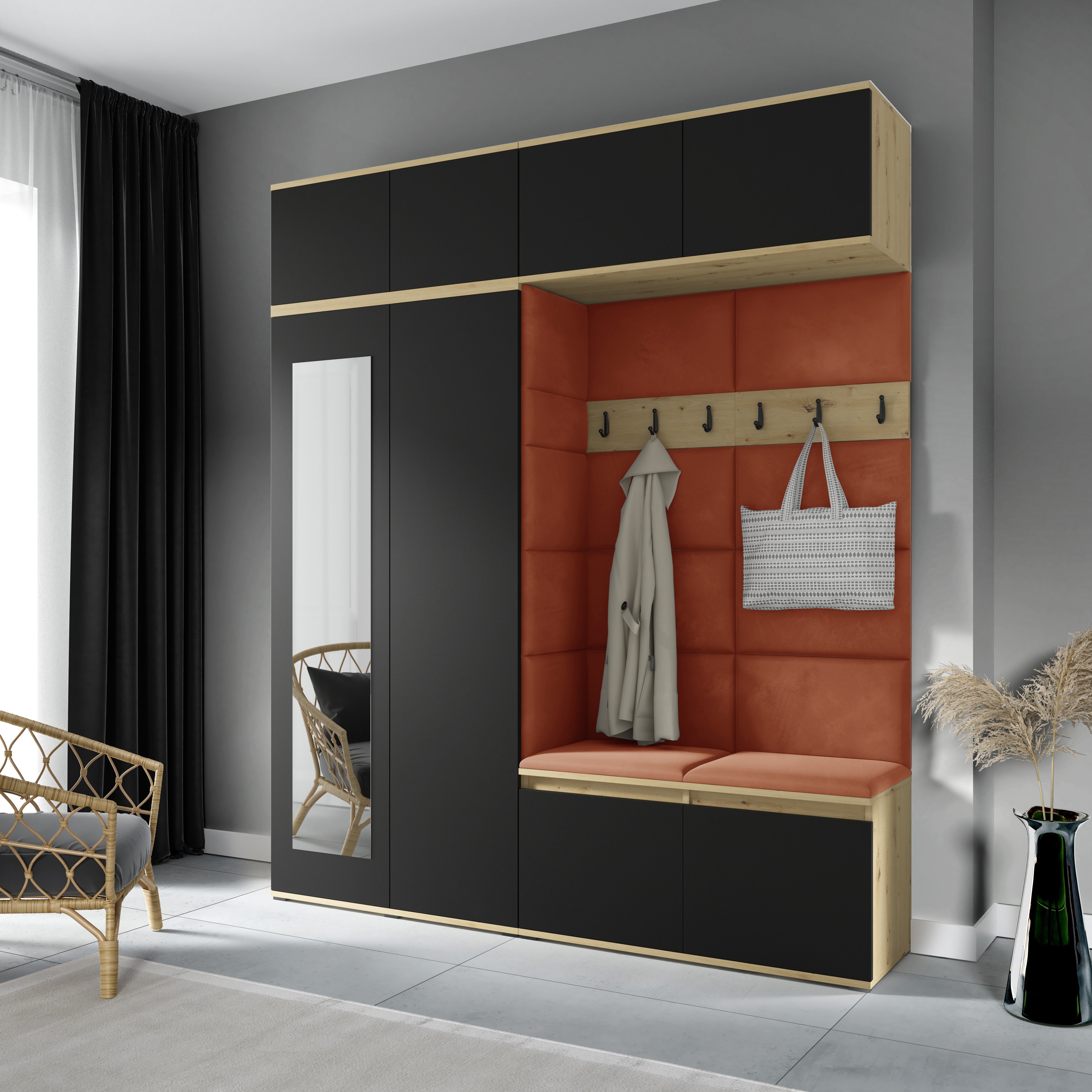 PK Flurgarderobe Emi 16 Artisan Eiche/Schwarz - Polsterpaneele in verschiedenen Farben