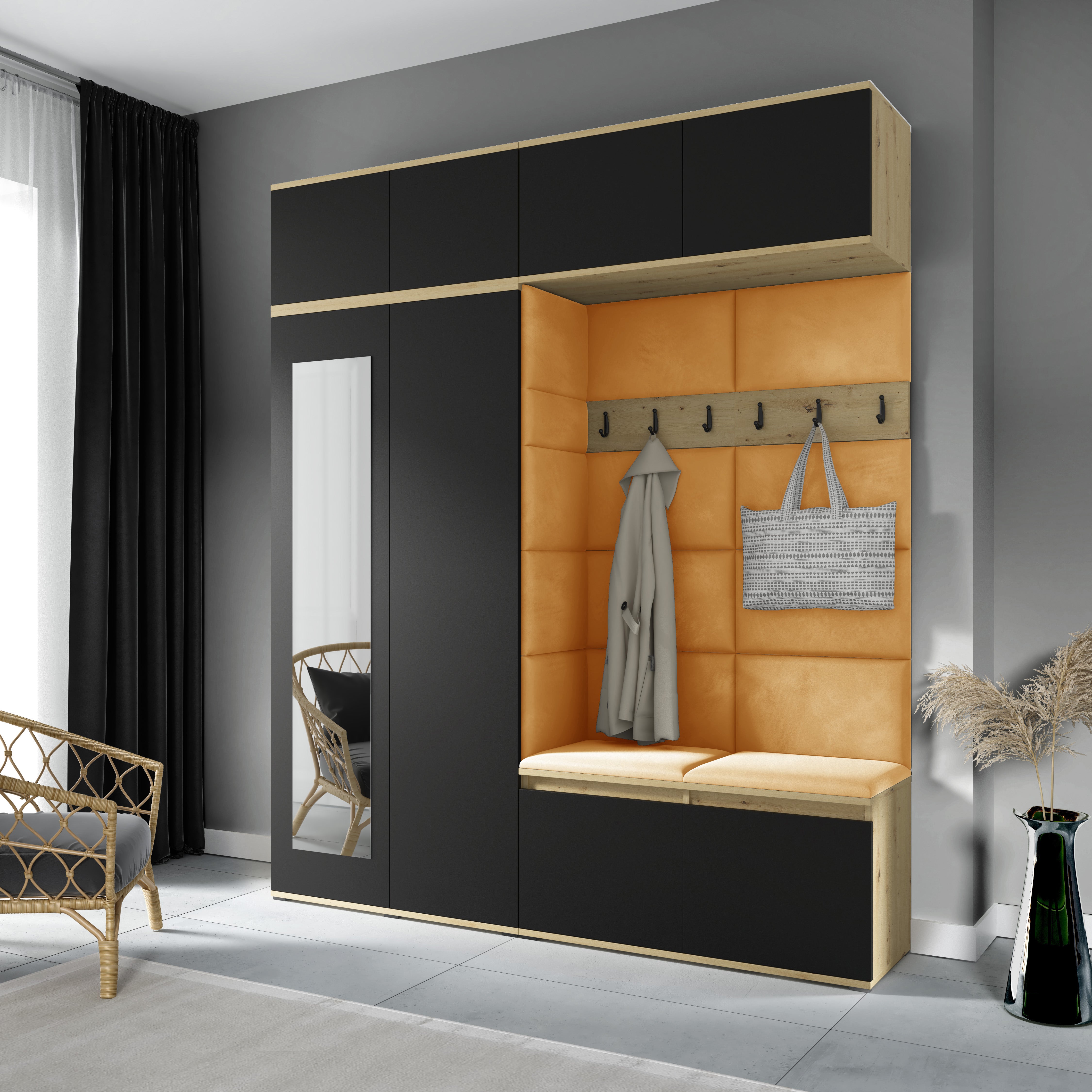 PK Flurgarderobe Emi 16 Artisan Eiche/Schwarz - Polsterpaneele in verschiedenen Farben