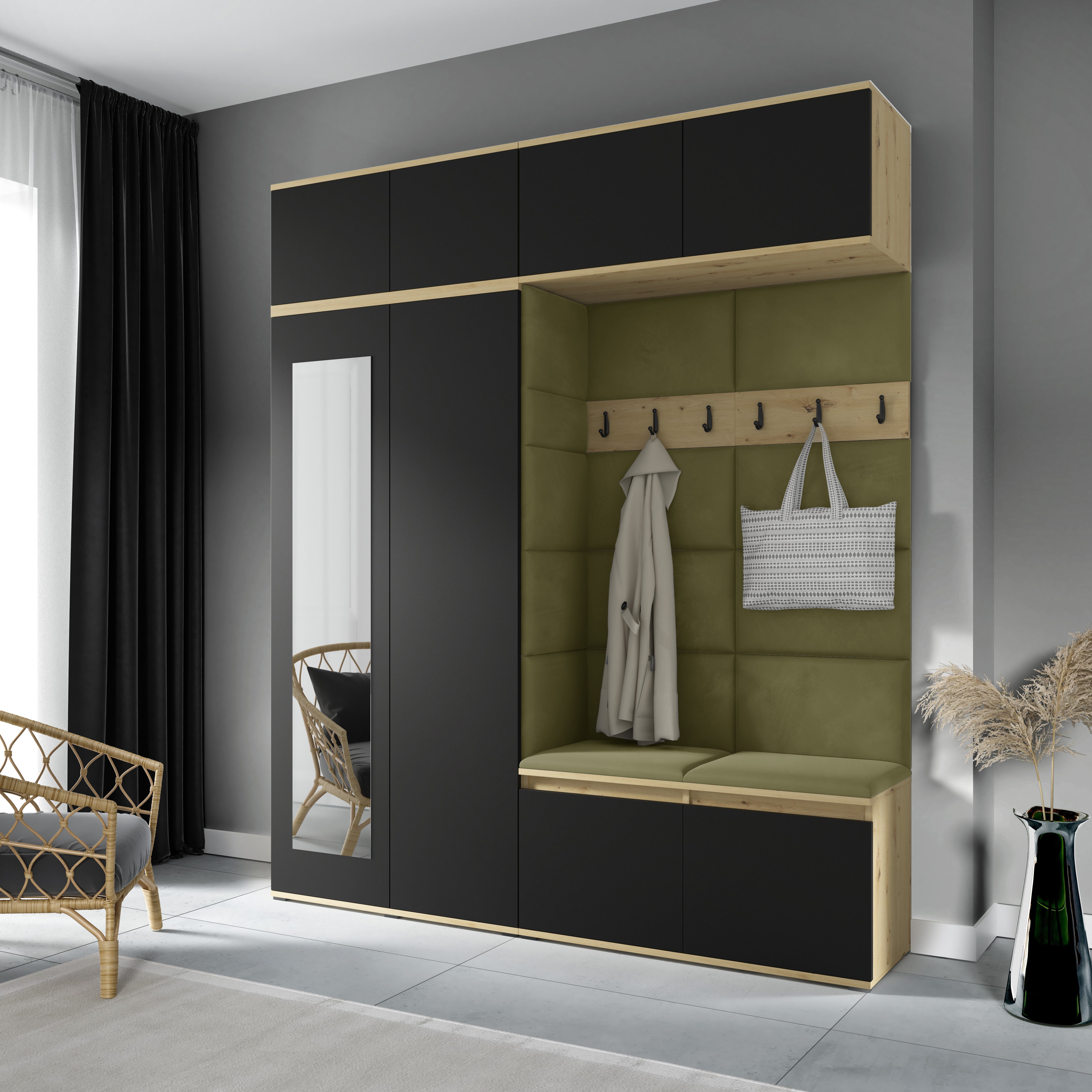 PK Flurgarderobe Emi 16 Artisan Eiche/Schwarz - Polsterpaneele in verschiedenen Farben