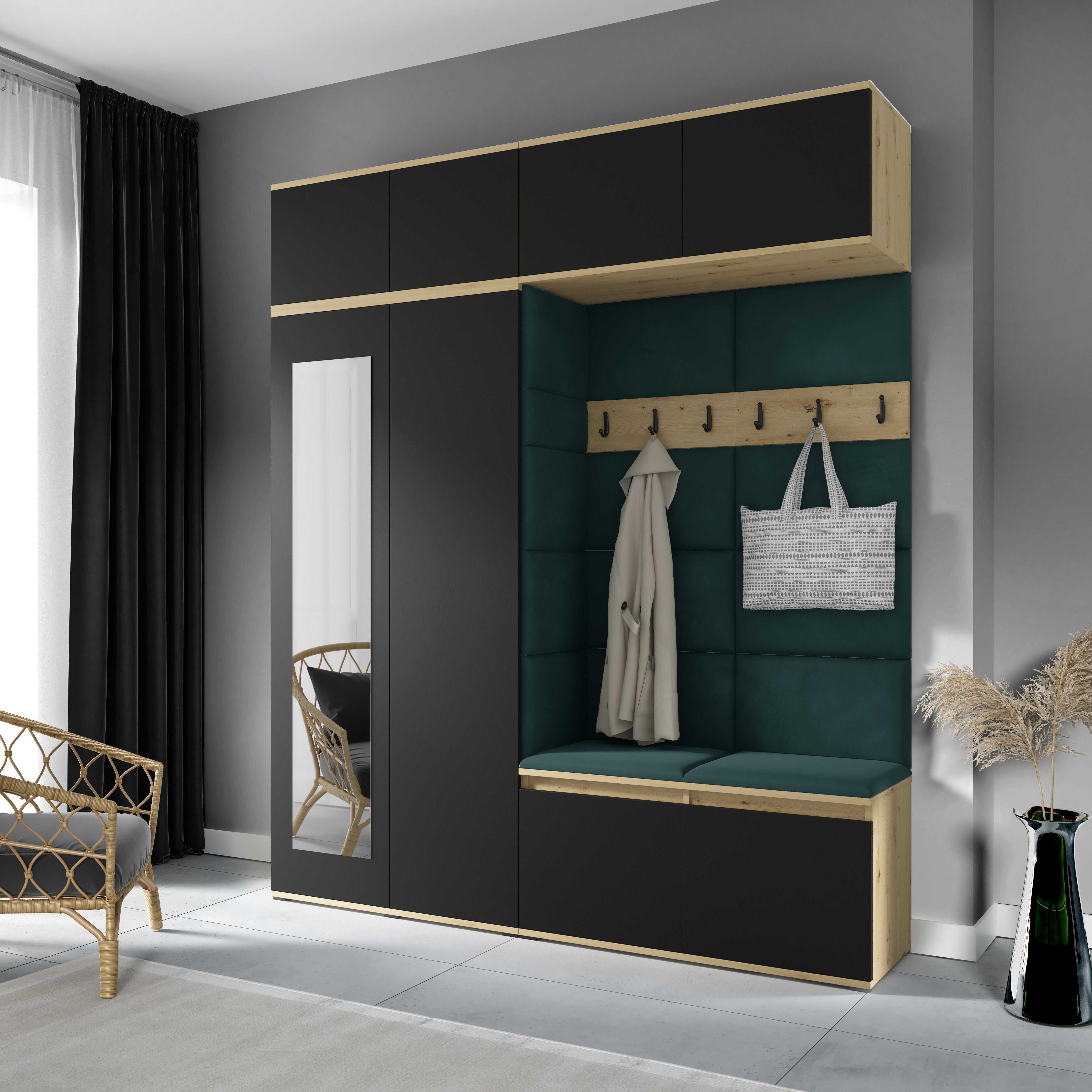 PK Flurgarderobe Emi 16 Artisan Eiche/Schwarz - Polsterpaneele in verschiedenen Farben