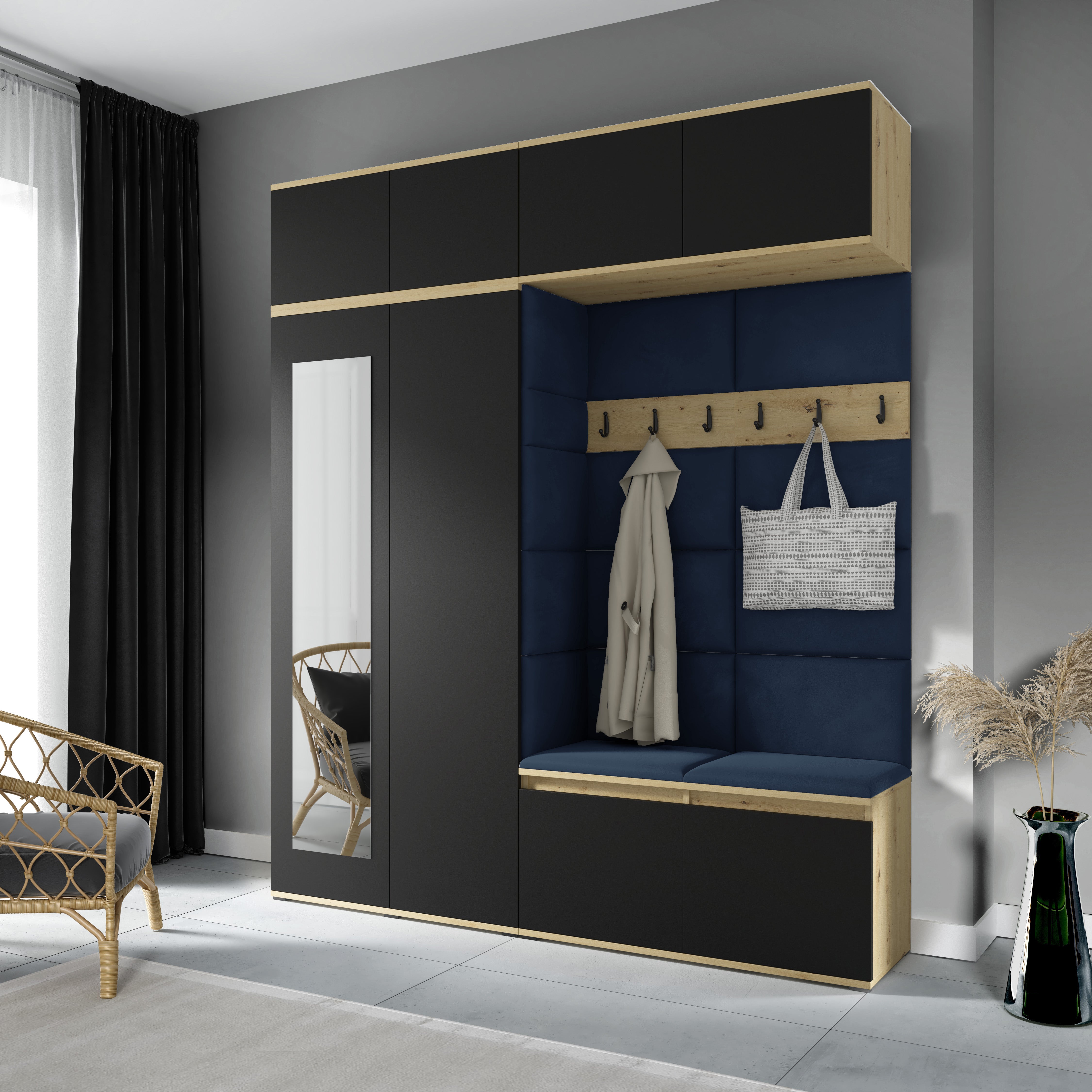 PK Flurgarderobe Emi 16 Artisan Eiche/Schwarz - Polsterpaneele in verschiedenen Farben