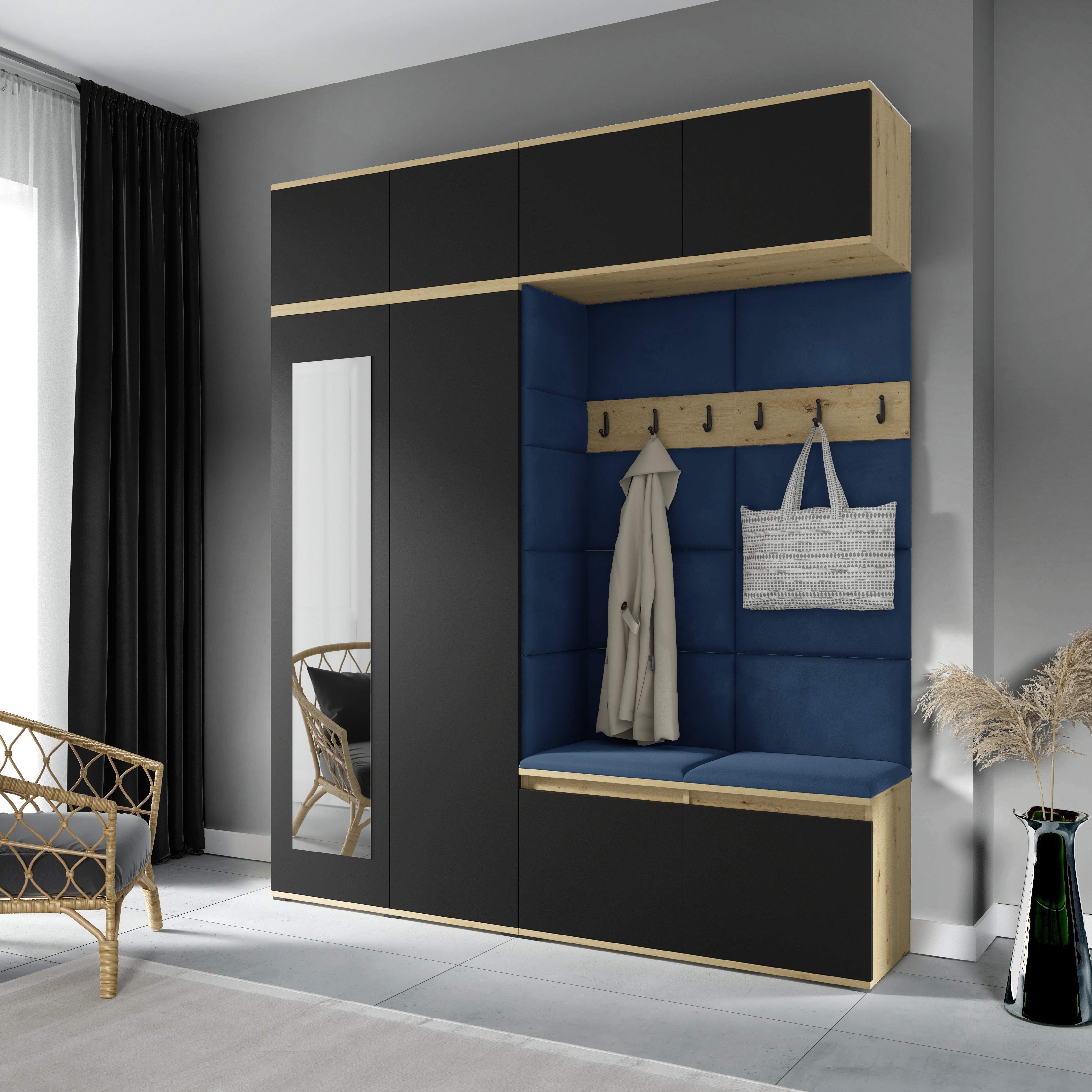 PK Flurgarderobe Emi 16 Artisan Eiche/Schwarz - Polsterpaneele in verschiedenen Farben