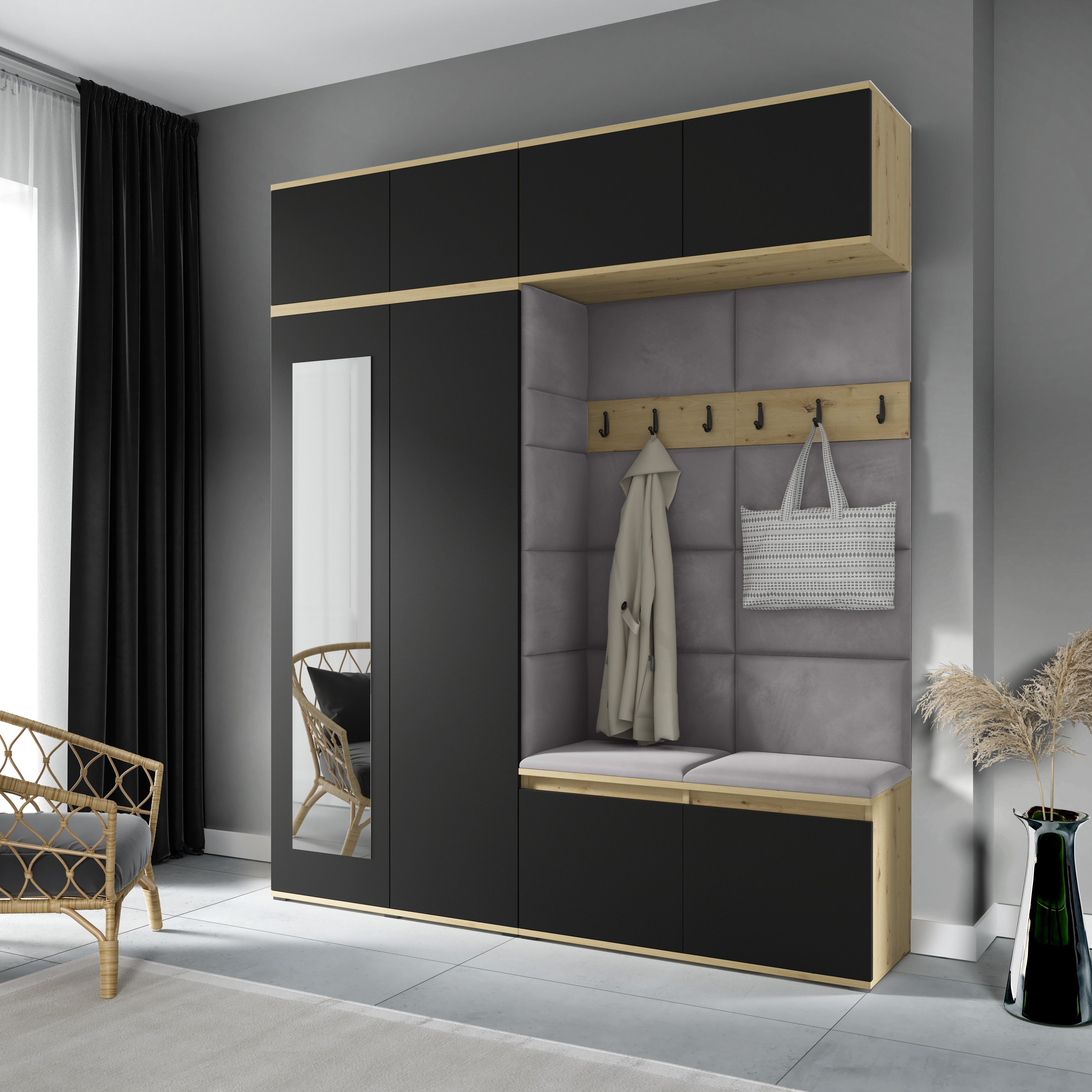 PK Flurgarderobe Emi 16 Artisan Eiche/Schwarz - Polsterpaneele in verschiedenen Farben