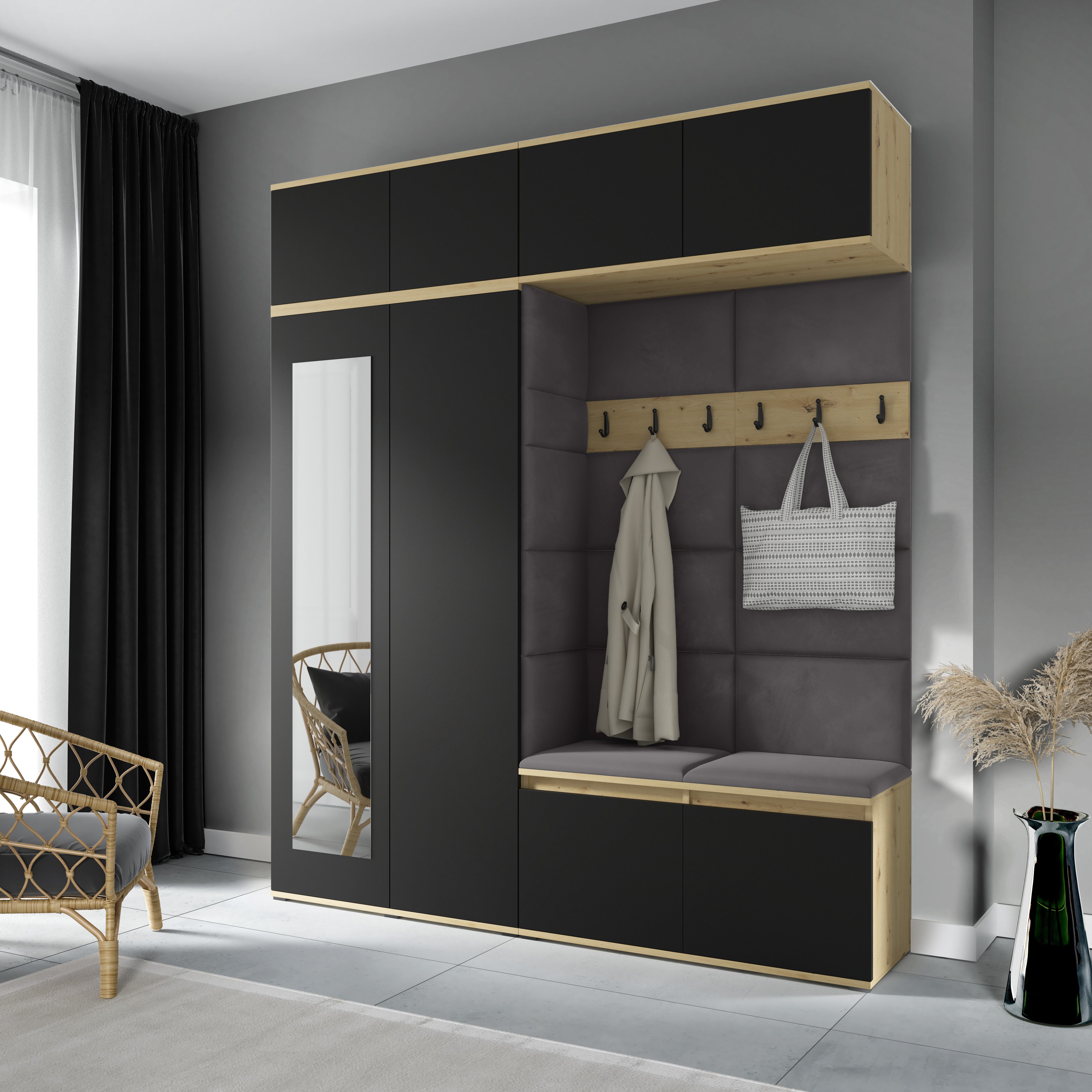 PK Flurgarderobe Emi 16 Artisan Eiche/Schwarz - Polsterpaneele in verschiedenen Farben