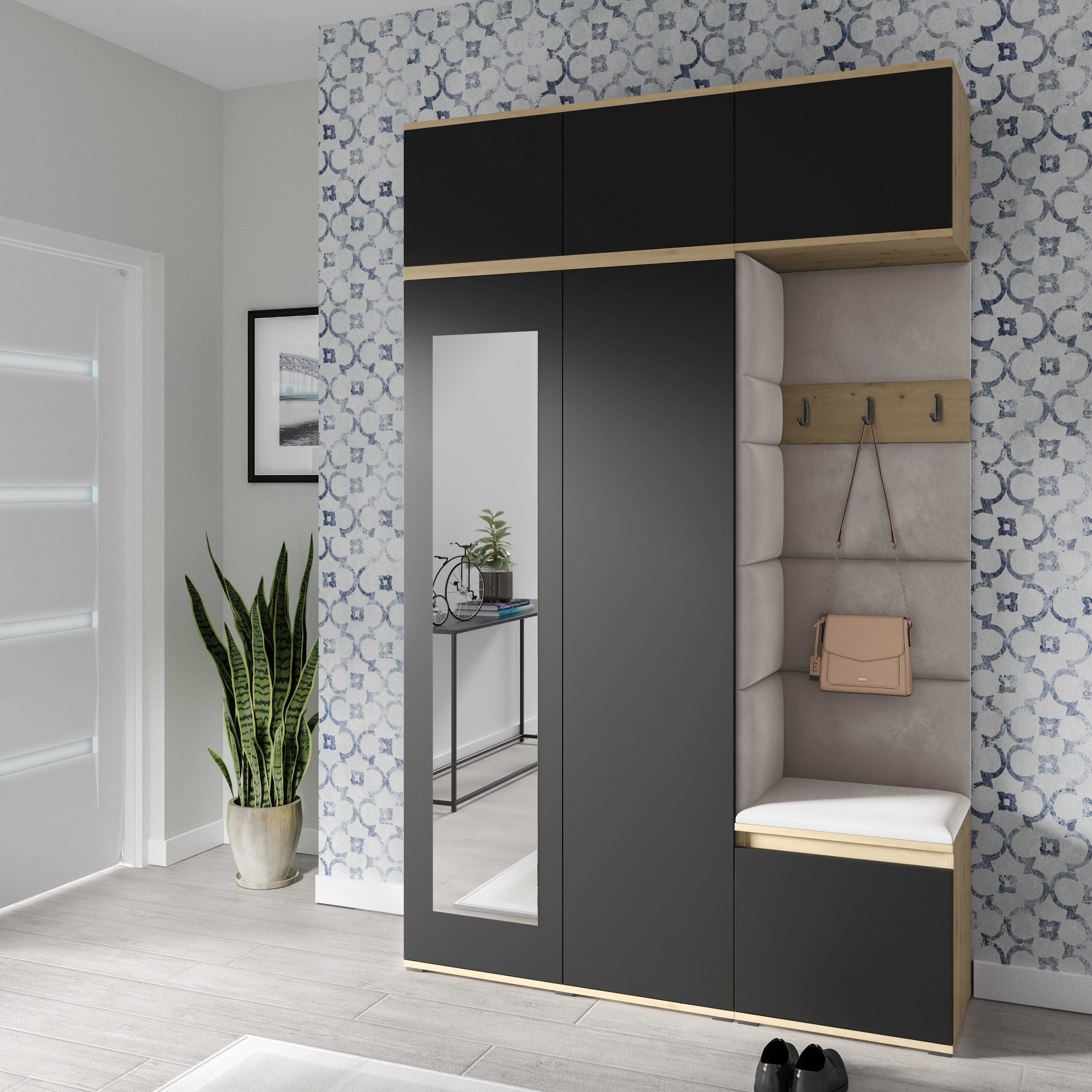 PK Emi 18 Flurgarderobe Artisan Eiche/Schwarz - Polsterpaneele in verschiedenen Farben
