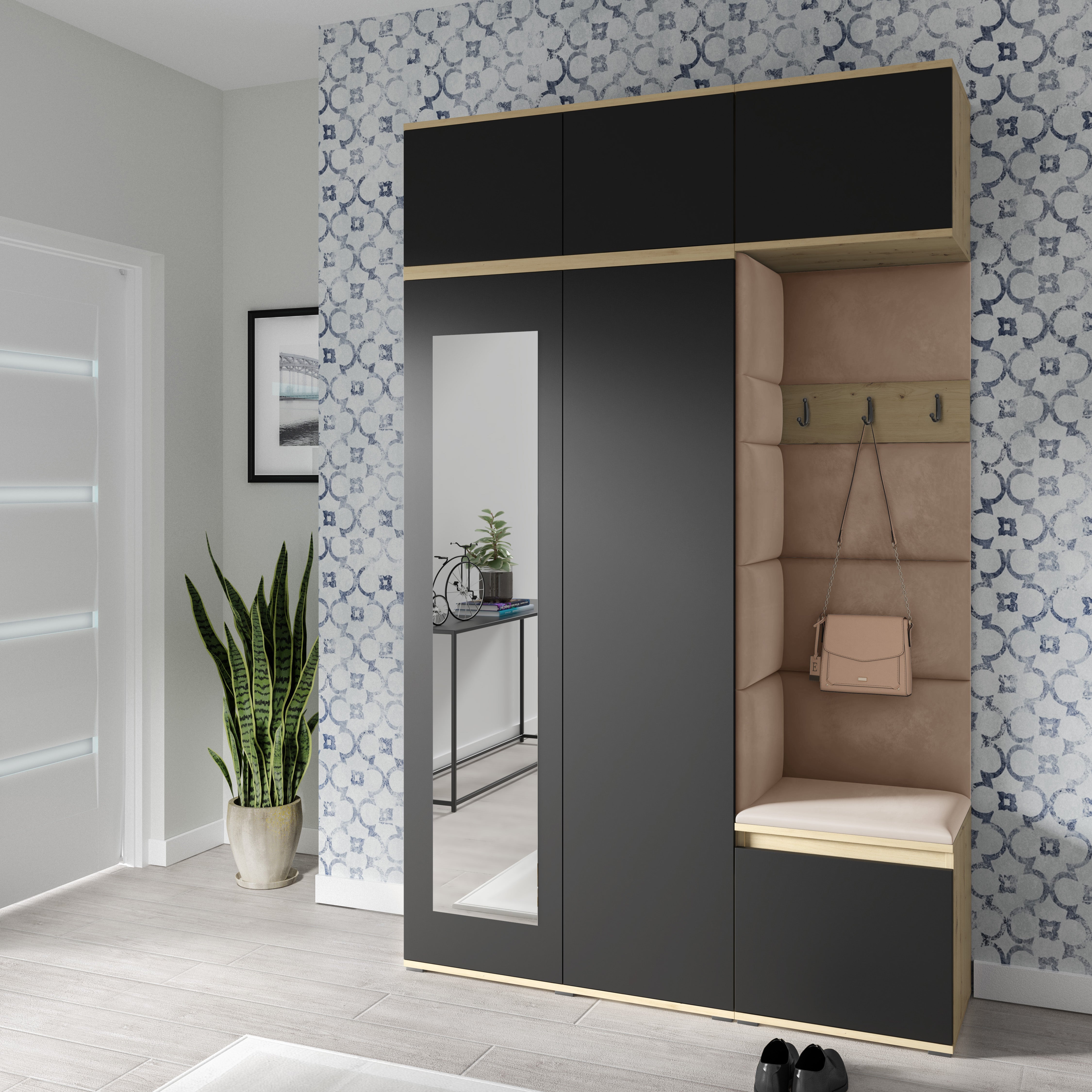 PK Emi 18 Flurgarderobe Artisan Eiche/Schwarz - Polsterpaneele in verschiedenen Farben
