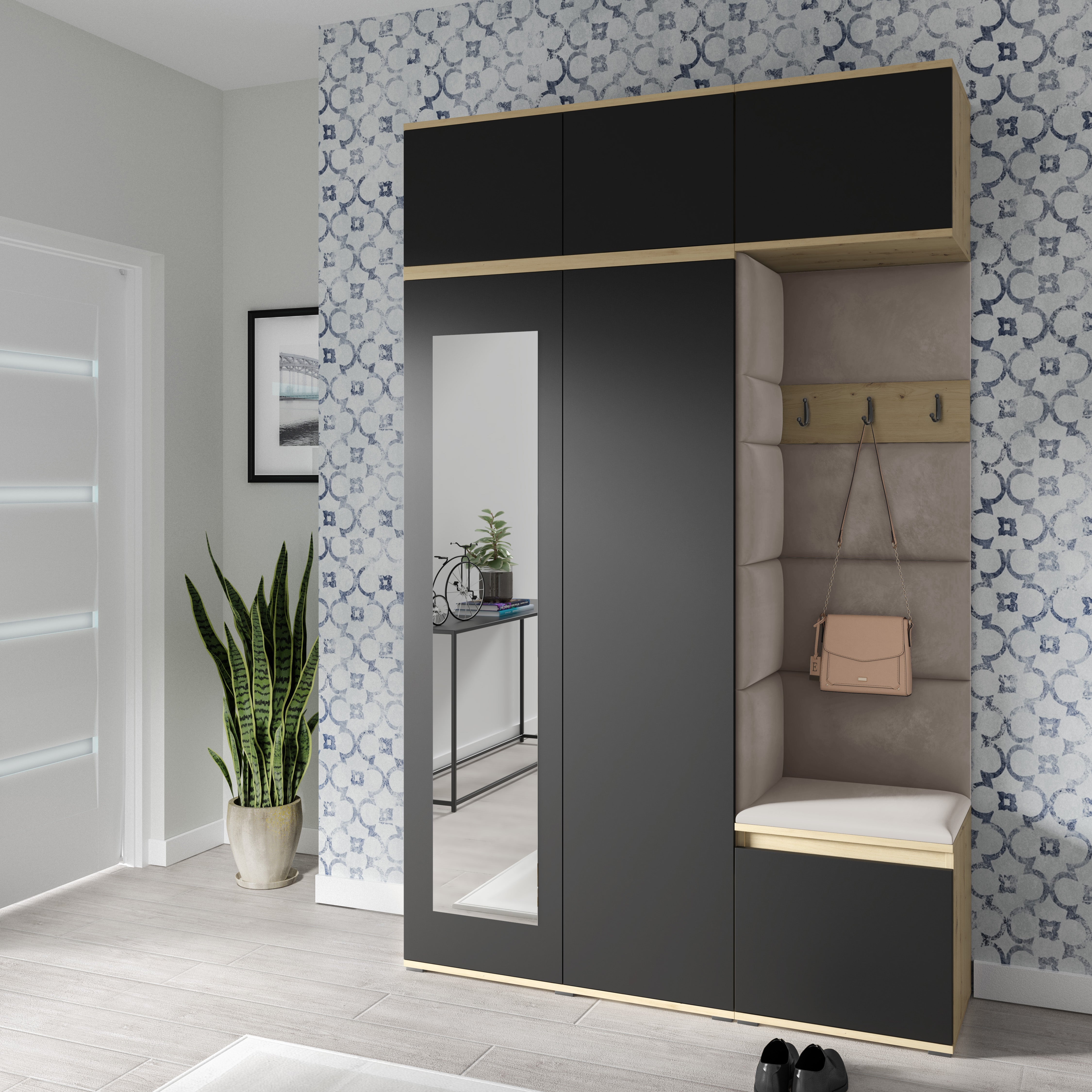 PK Emi 18 Flurgarderobe Artisan Eiche/Schwarz - Polsterpaneele in verschiedenen Farben