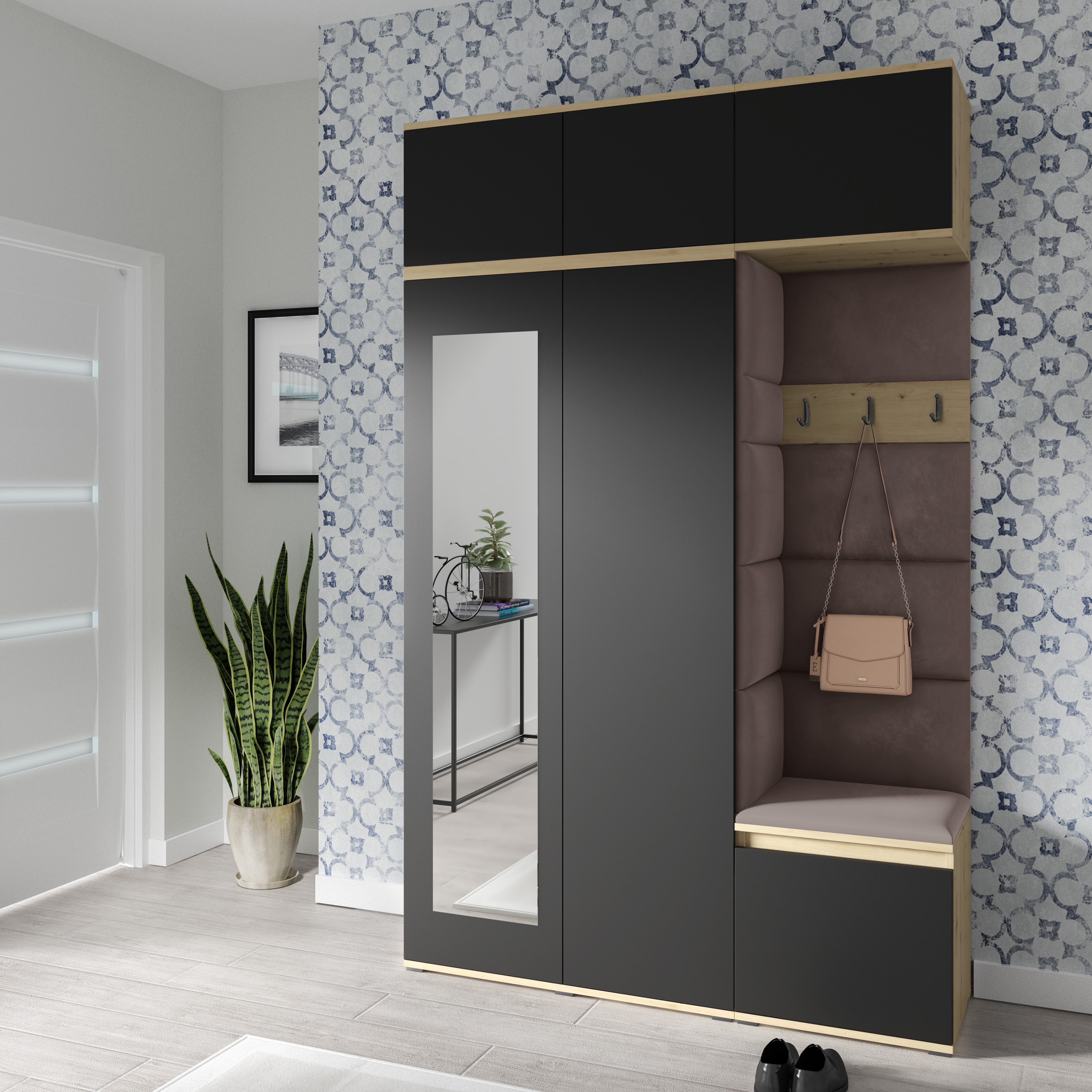 PK Emi 18 Flurgarderobe Artisan Eiche/Schwarz - Polsterpaneele in verschiedenen Farben