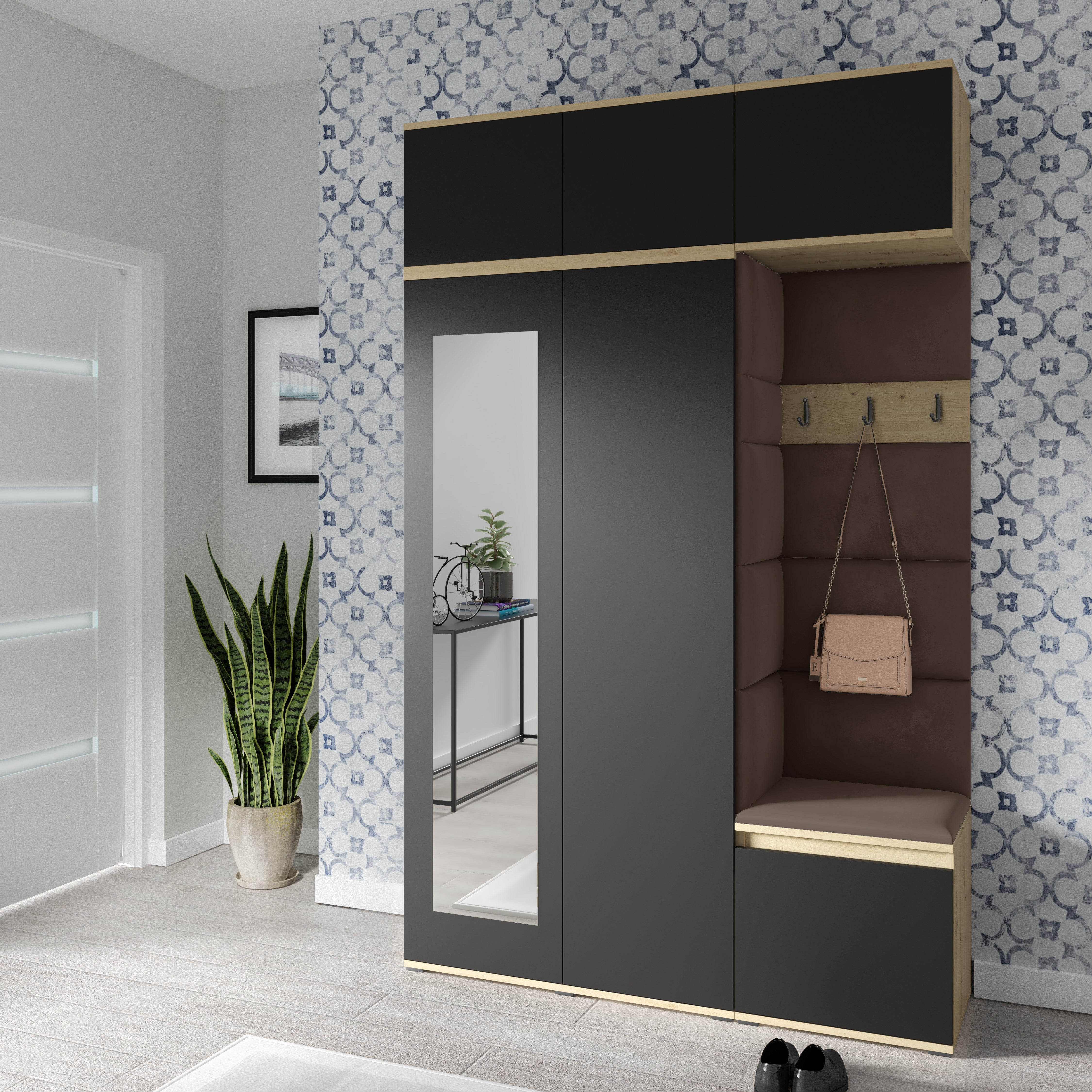 PK Emi 18 Flurgarderobe Artisan Eiche/Schwarz - Polsterpaneele in verschiedenen Farben