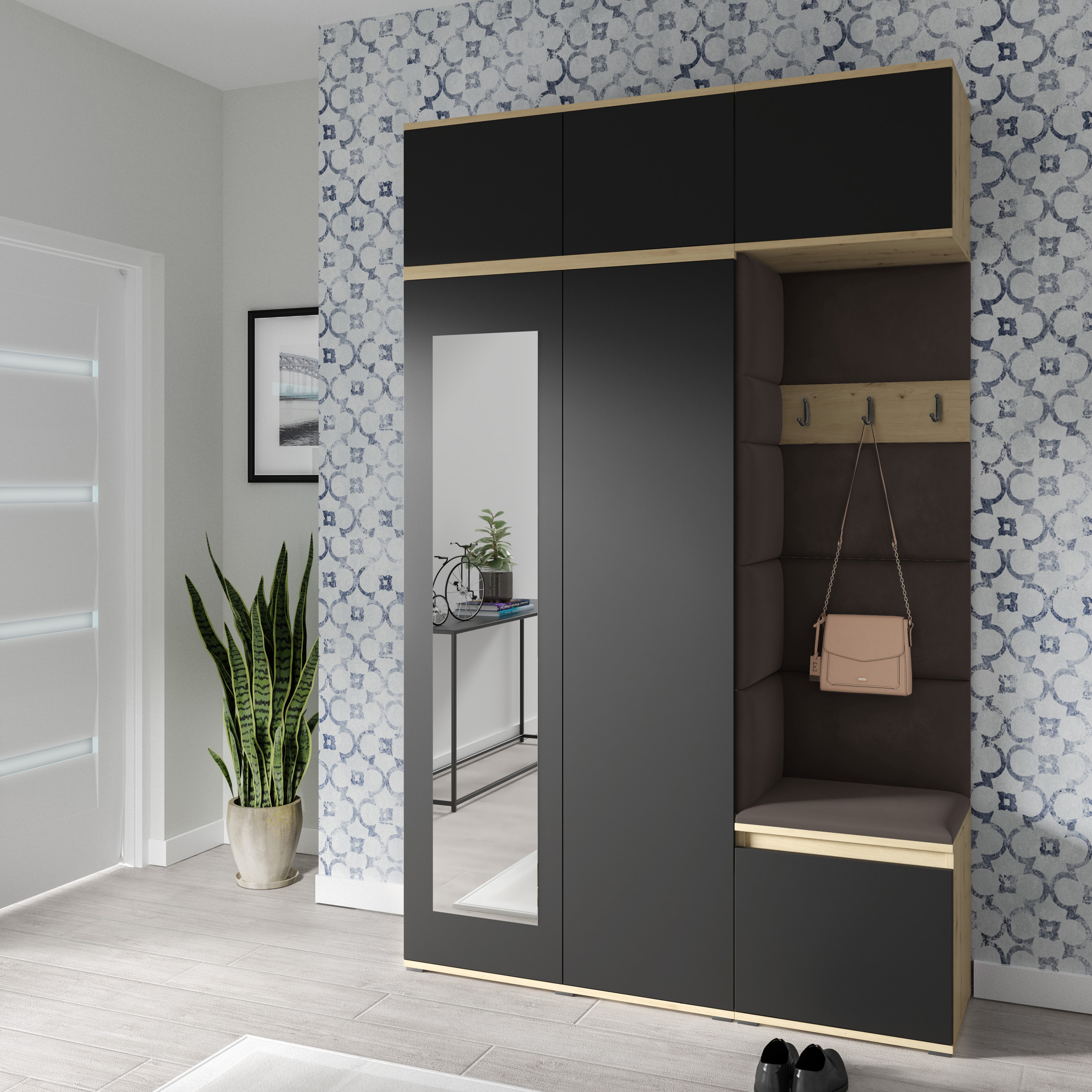 PK Emi 18 Flurgarderobe Artisan Eiche/Schwarz - Polsterpaneele in verschiedenen Farben