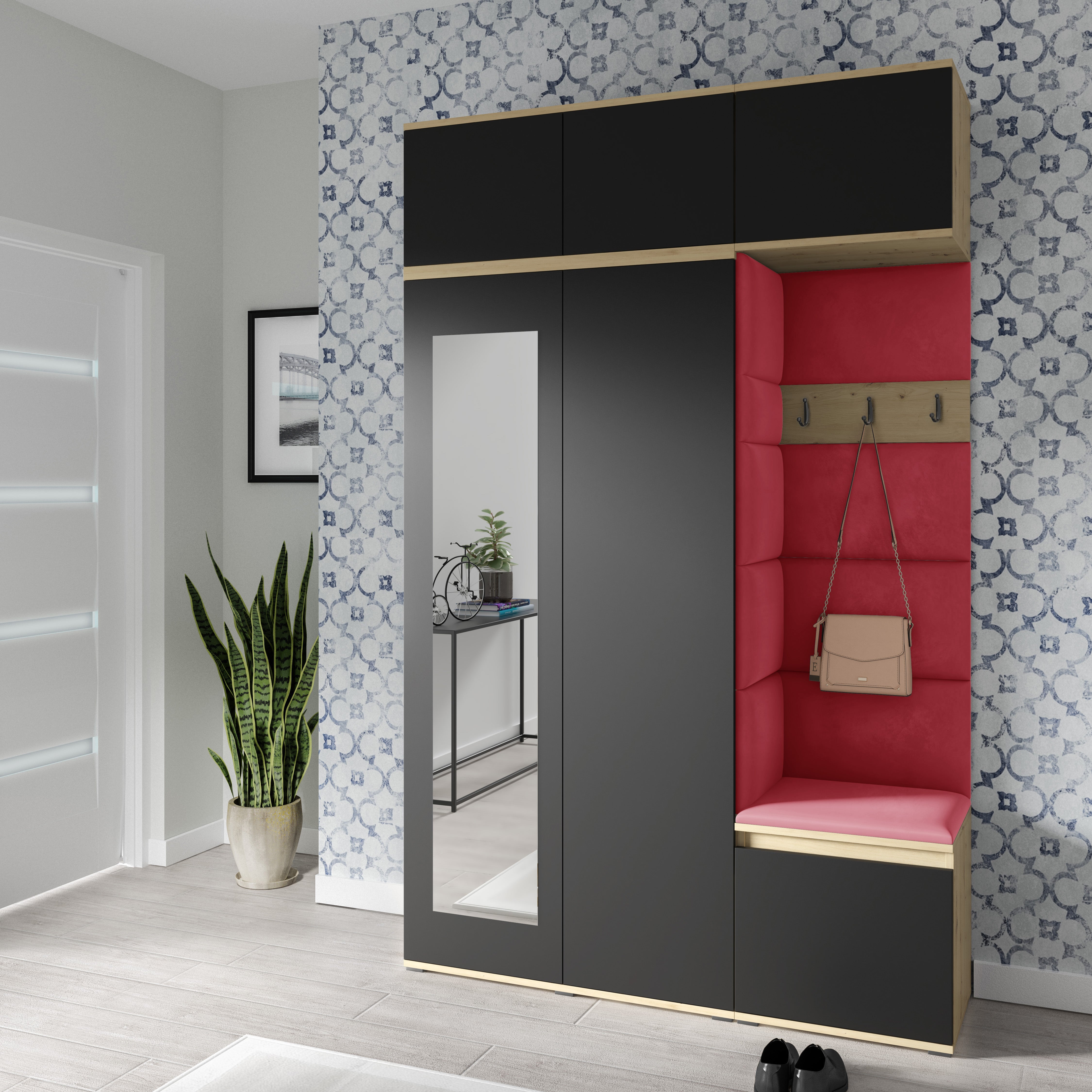 PK Emi 18 Flurgarderobe Artisan Eiche/Schwarz - Polsterpaneele in verschiedenen Farben
