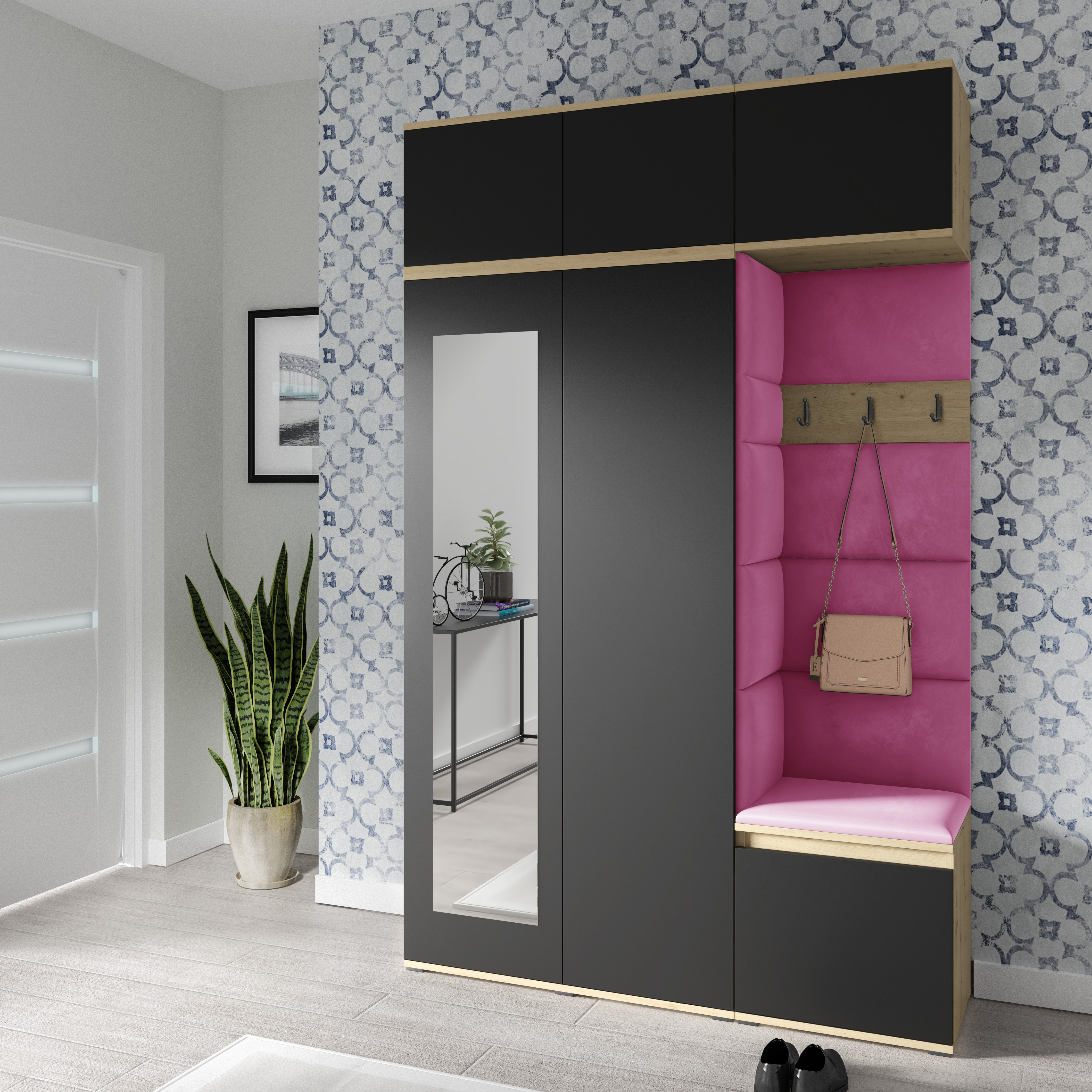 PK Emi 18 Flurgarderobe Artisan Eiche/Schwarz - Polsterpaneele in verschiedenen Farben
