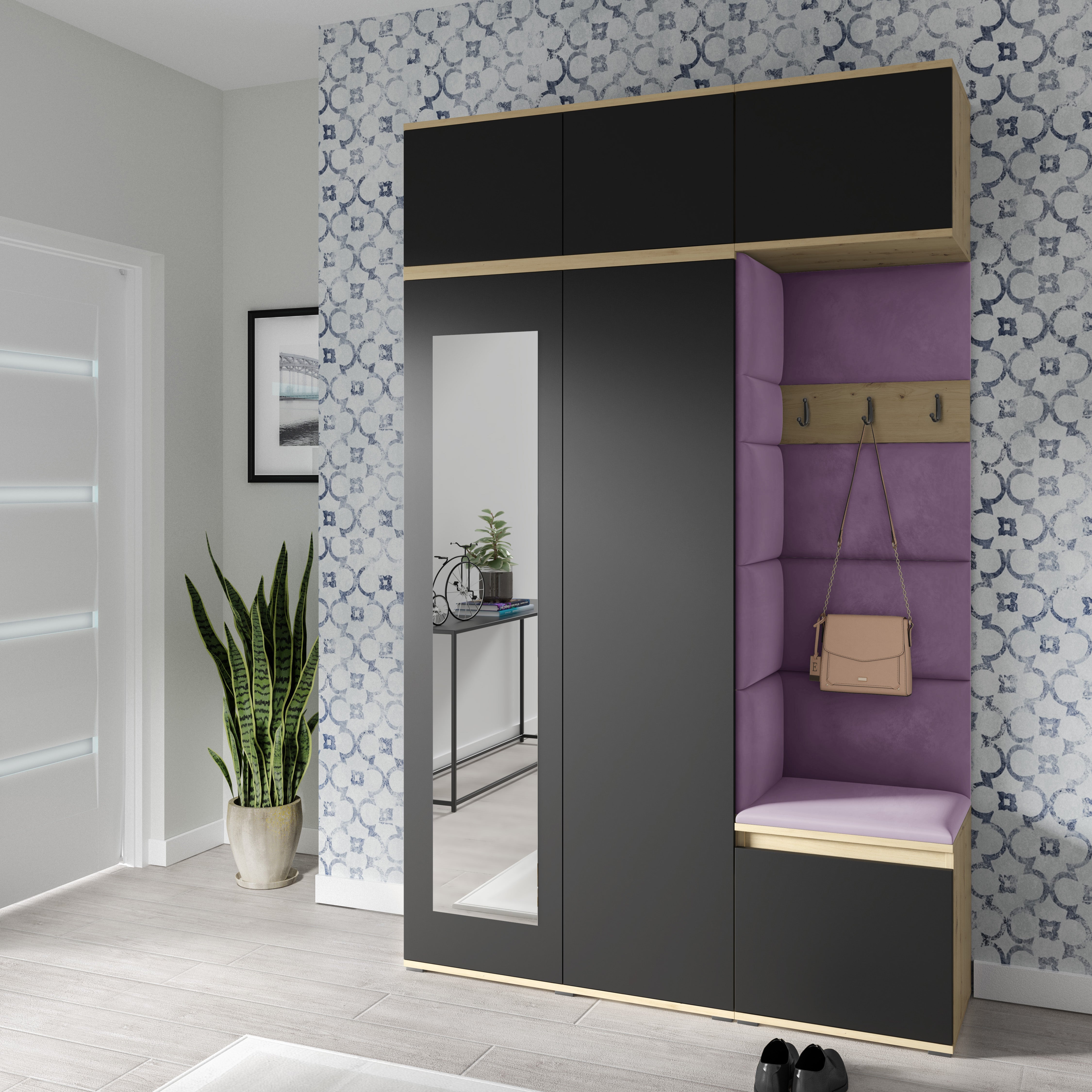 PK Emi 18 Flurgarderobe Artisan Eiche/Schwarz - Polsterpaneele in verschiedenen Farben