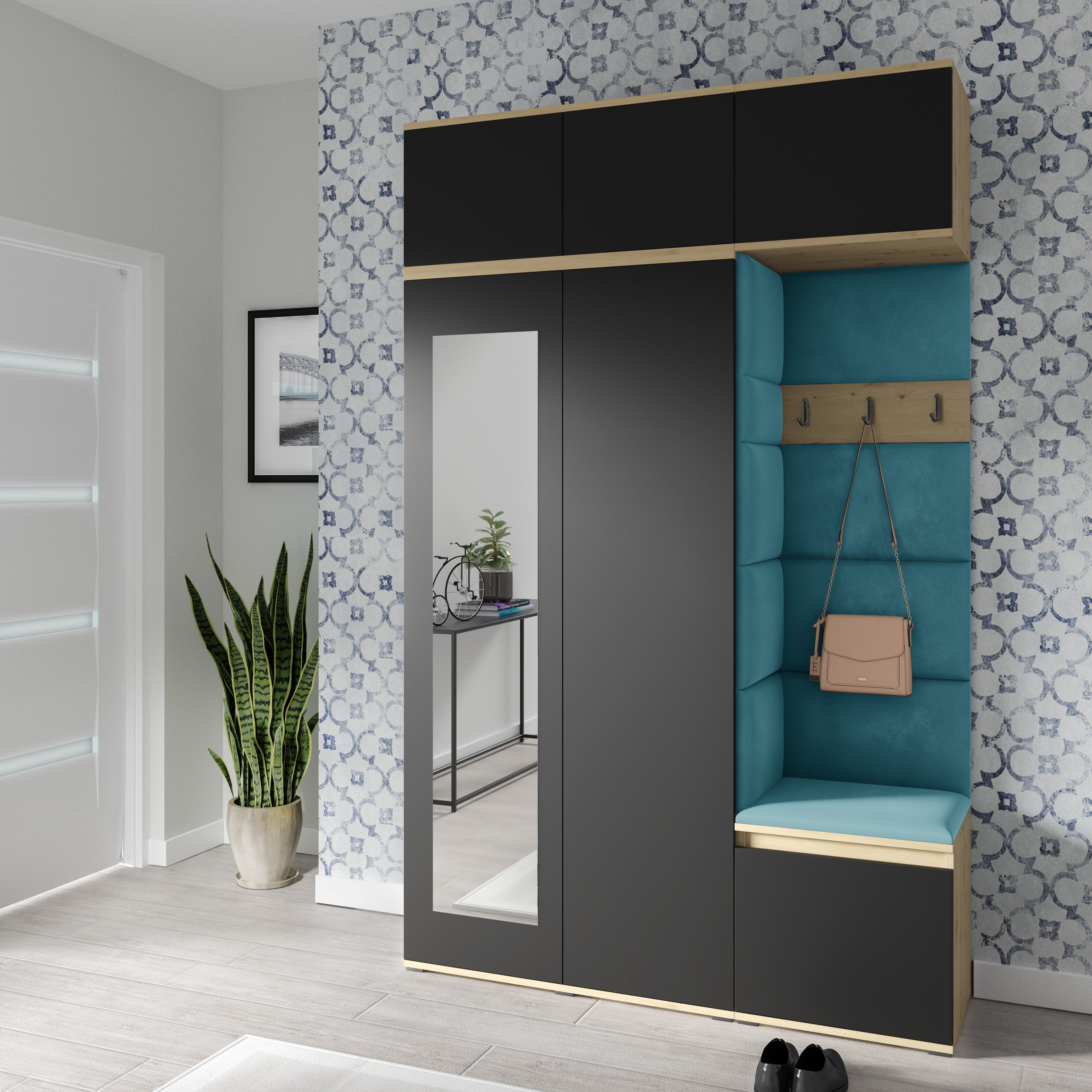 PK Emi 18 Flurgarderobe Artisan Eiche/Schwarz - Polsterpaneele in verschiedenen Farben