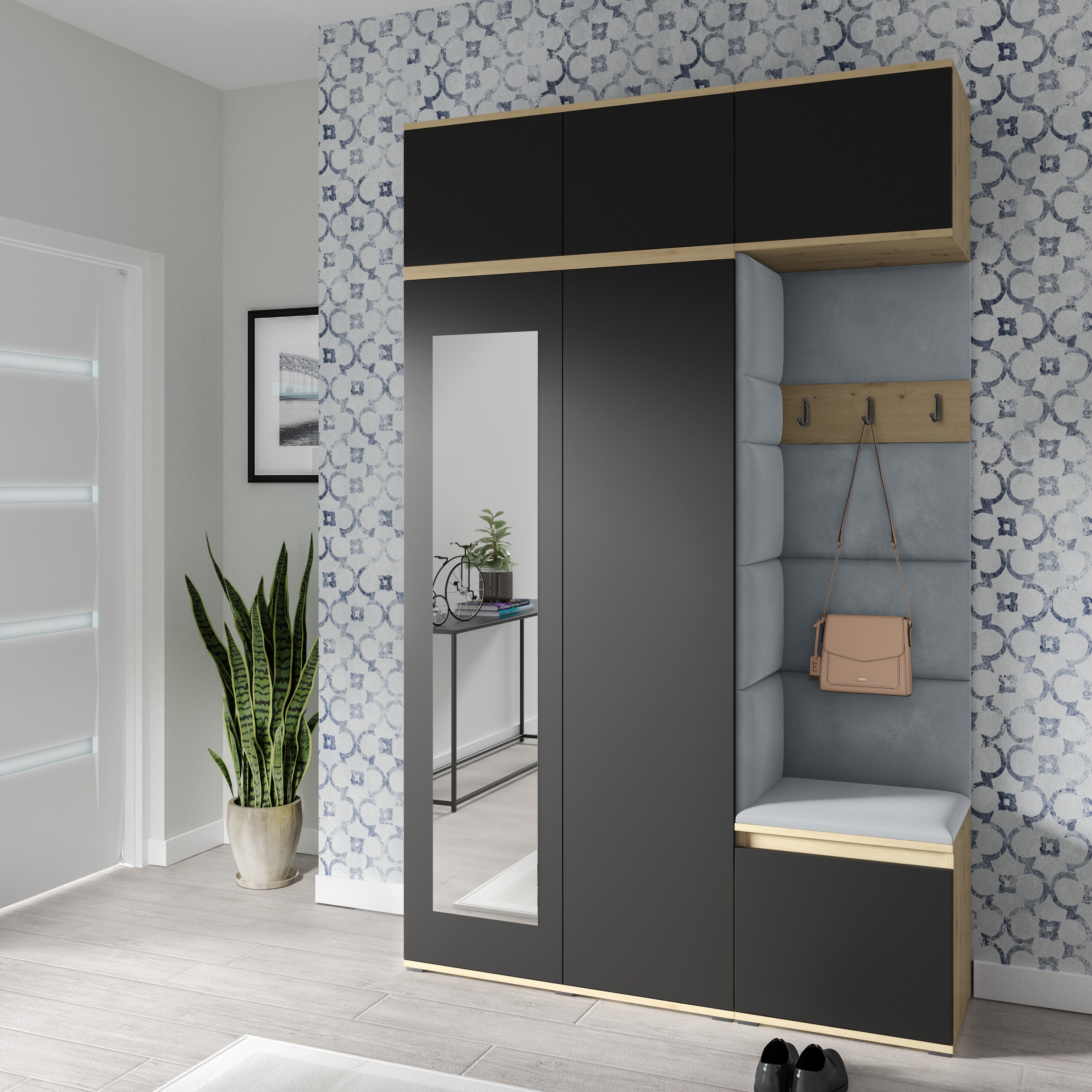 PK Emi 18 Flurgarderobe Artisan Eiche/Schwarz - Polsterpaneele in verschiedenen Farben