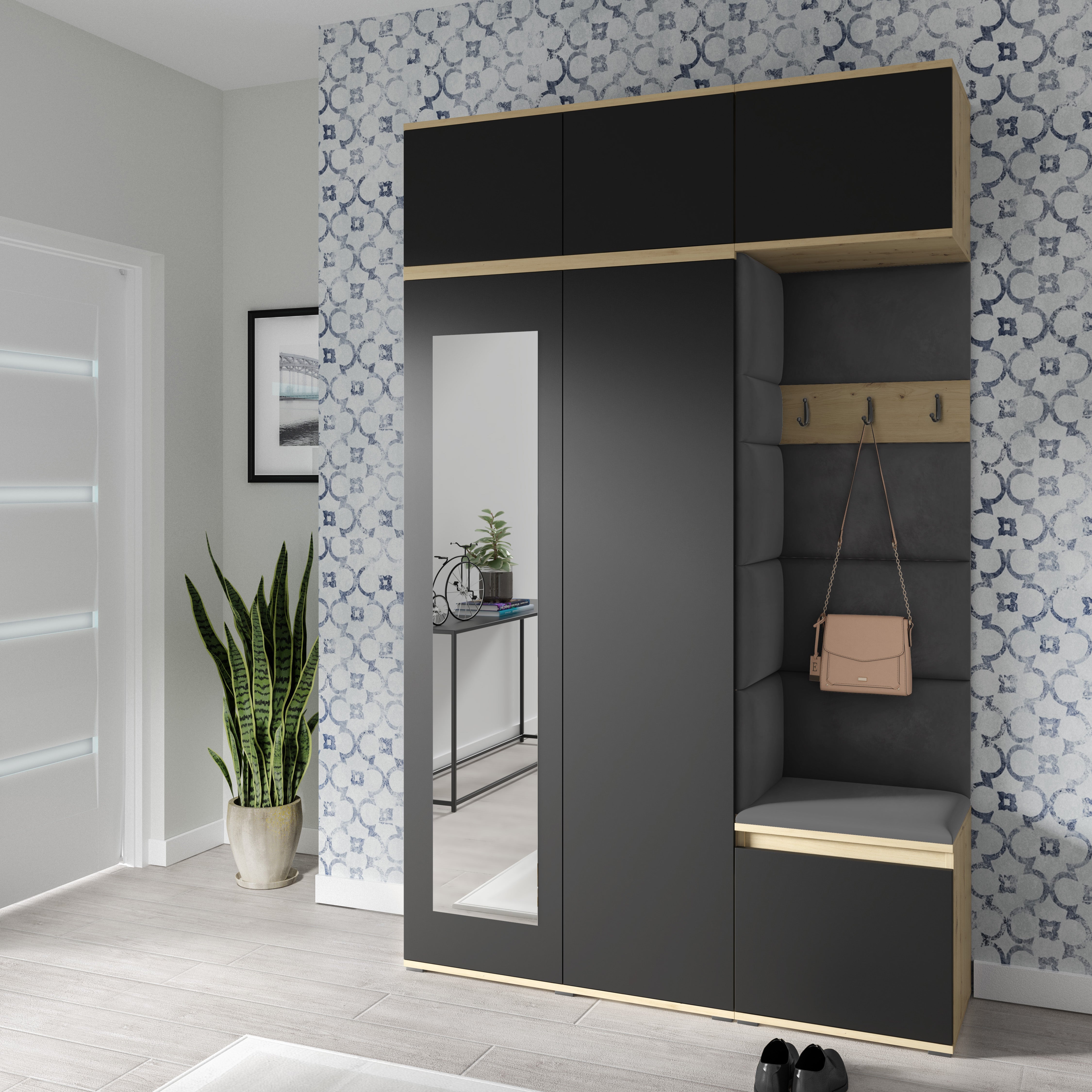 PK Emi 18 Flurgarderobe Artisan Eiche/Schwarz - Polsterpaneele in verschiedenen Farben