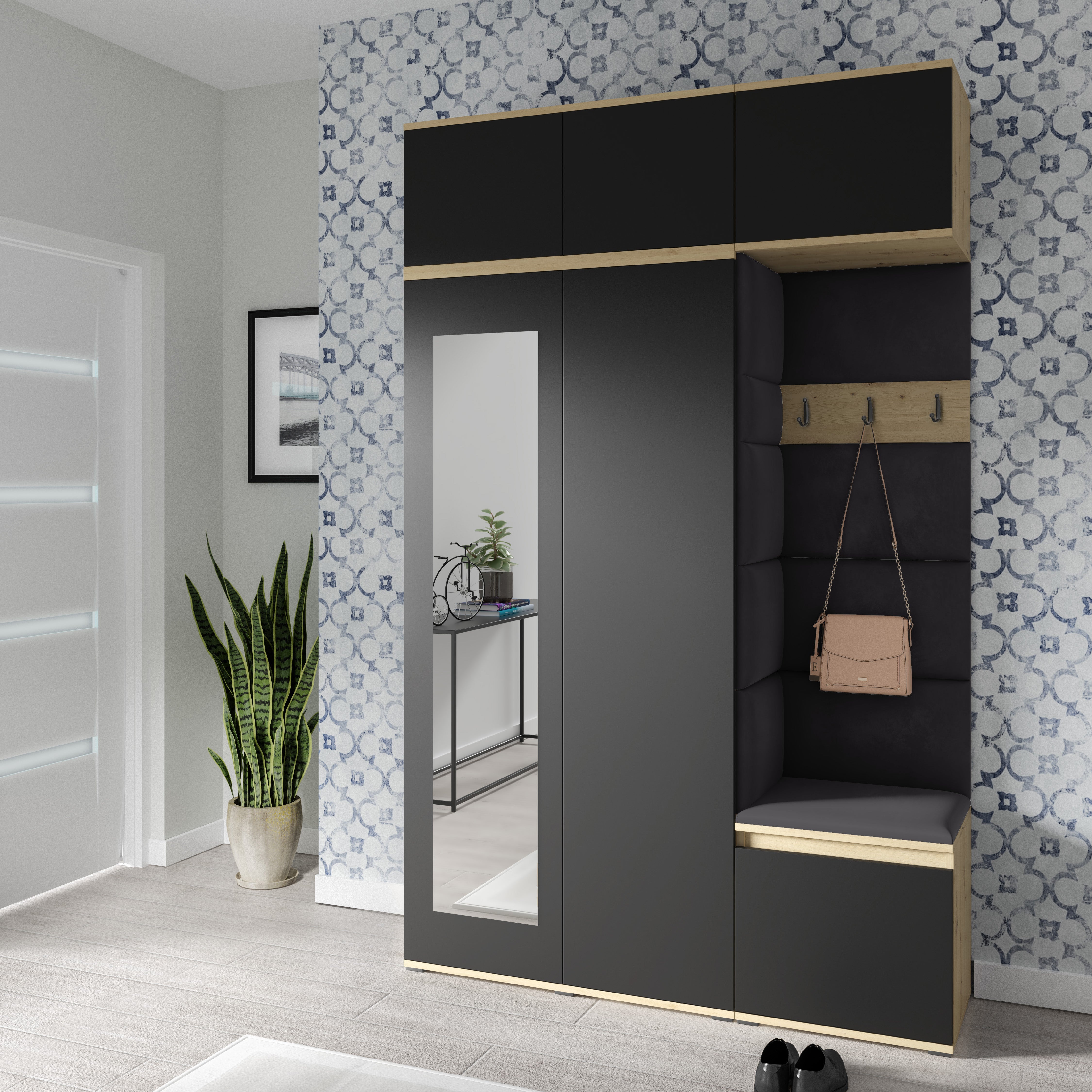 PK Emi 18 Flurgarderobe Artisan Eiche/Schwarz - Polsterpaneele in verschiedenen Farben