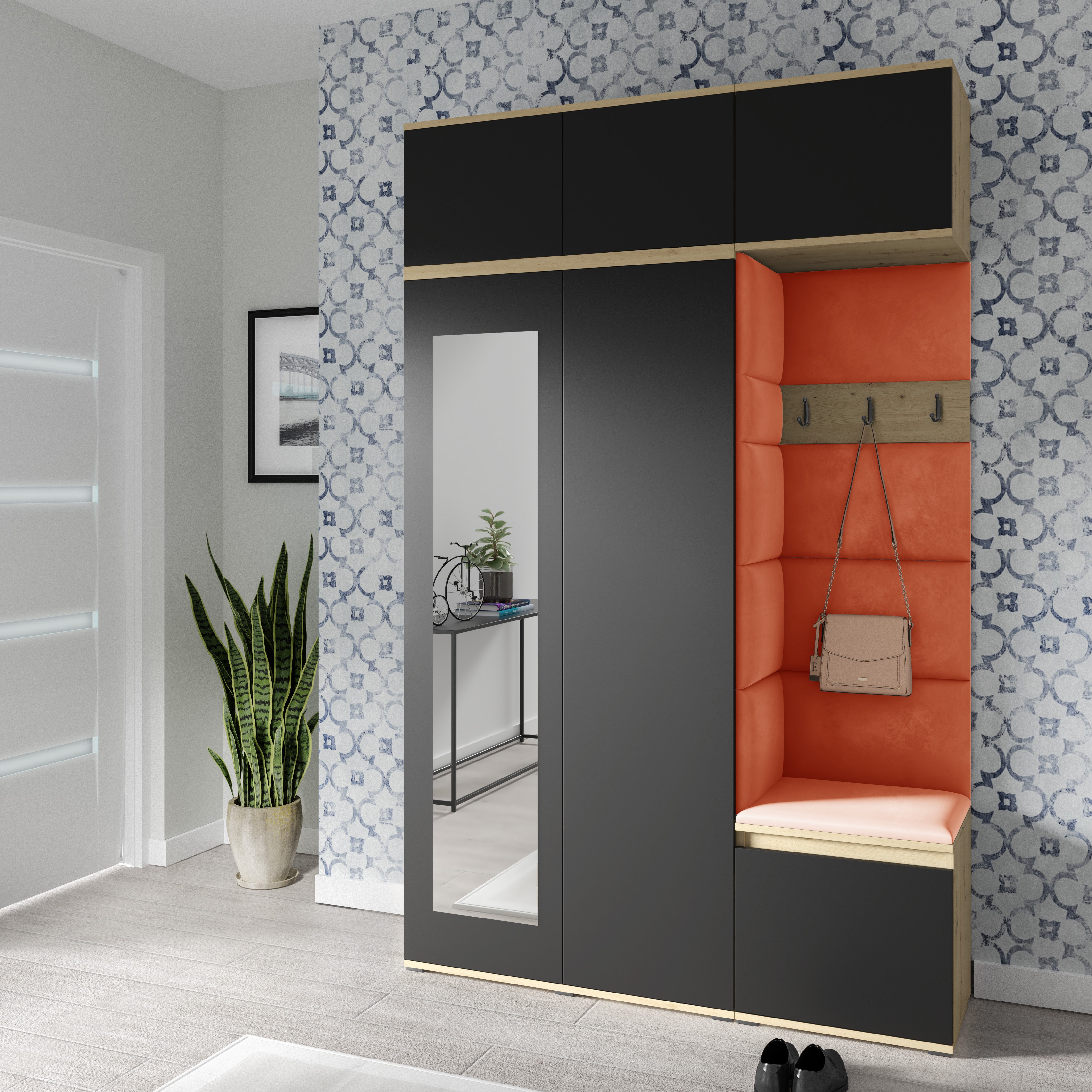 PK Emi 18 Flurgarderobe Artisan Eiche/Schwarz - Polsterpaneele in verschiedenen Farben