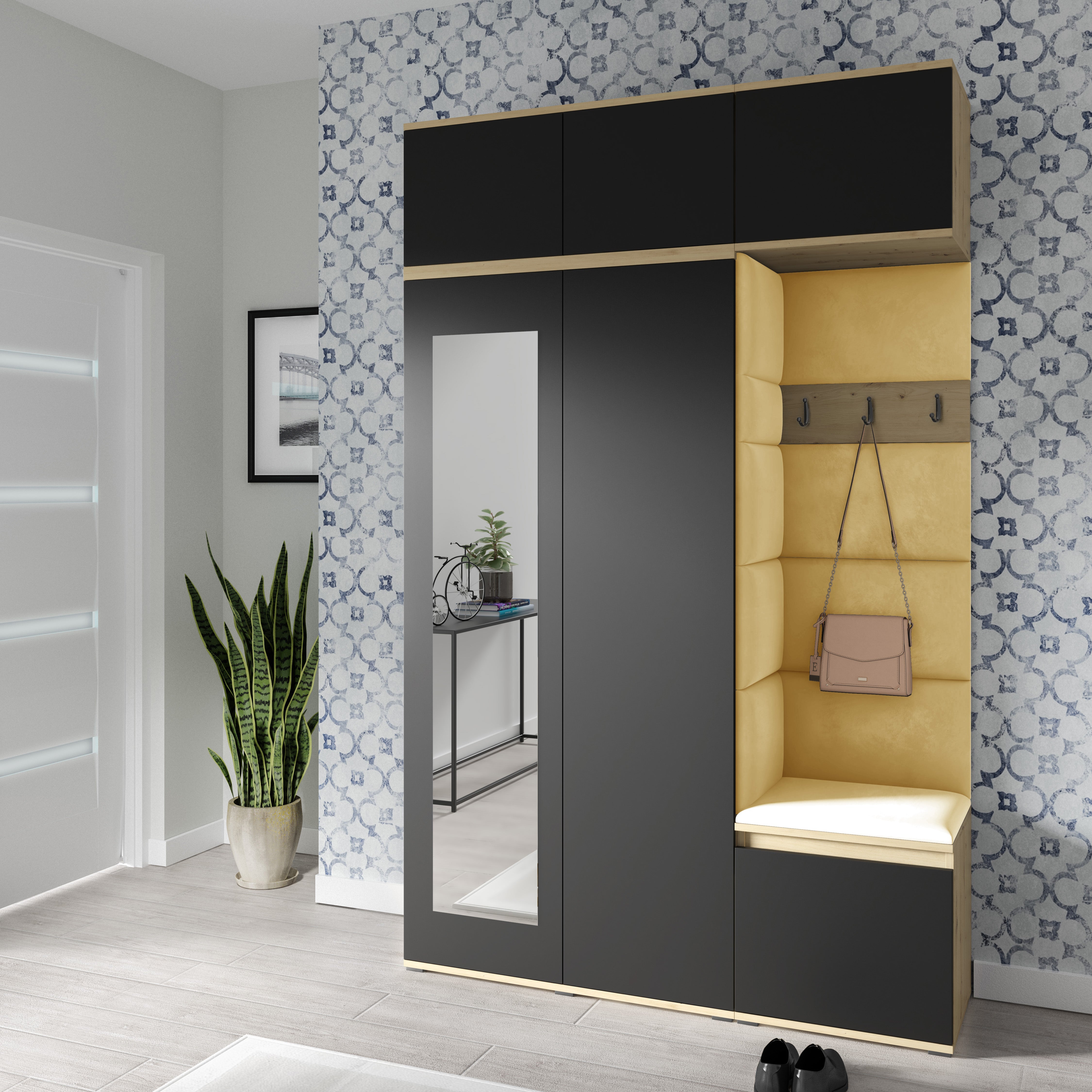 PK Emi 18 Flurgarderobe Artisan Eiche/Schwarz - Polsterpaneele in verschiedenen Farben