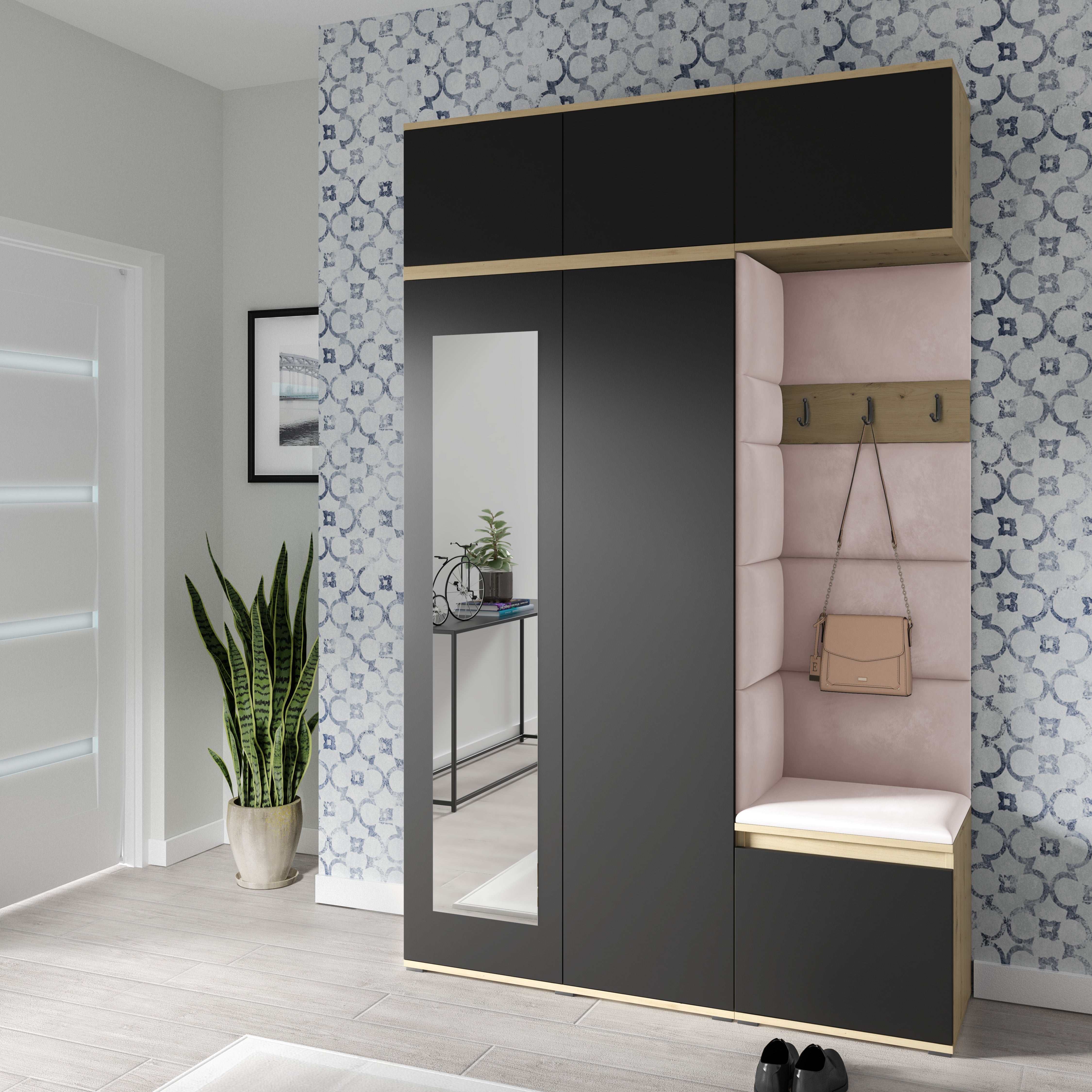 PK Emi 18 Flurgarderobe Artisan Eiche/Schwarz - Polsterpaneele in verschiedenen Farben